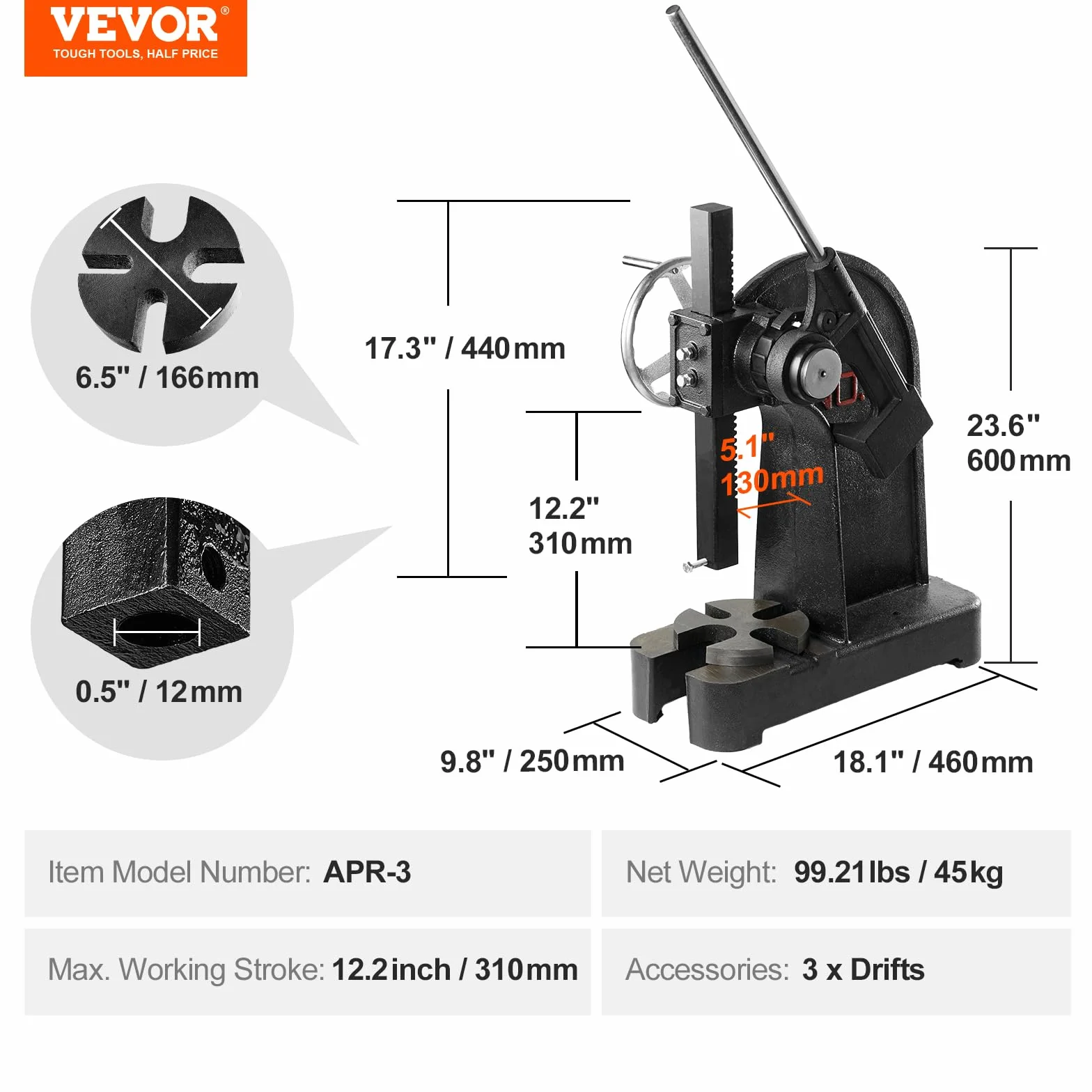 VEVOR Pressa a perno 3 tonnellate, 12,2" Altezza massima, Punzonatrice manuale stampaggio piegatura