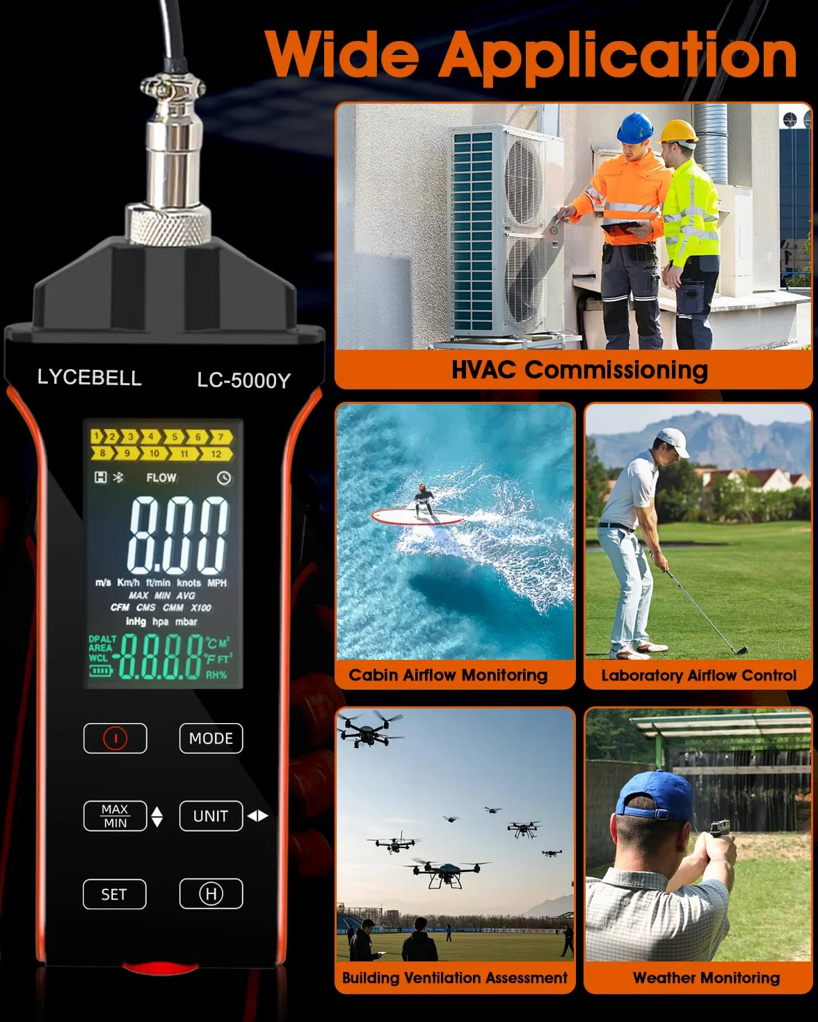Anemometro a filo caldo LYCEBELL 5000Y 0,1-30 m/s IP54 batteria USB-C per HVAC