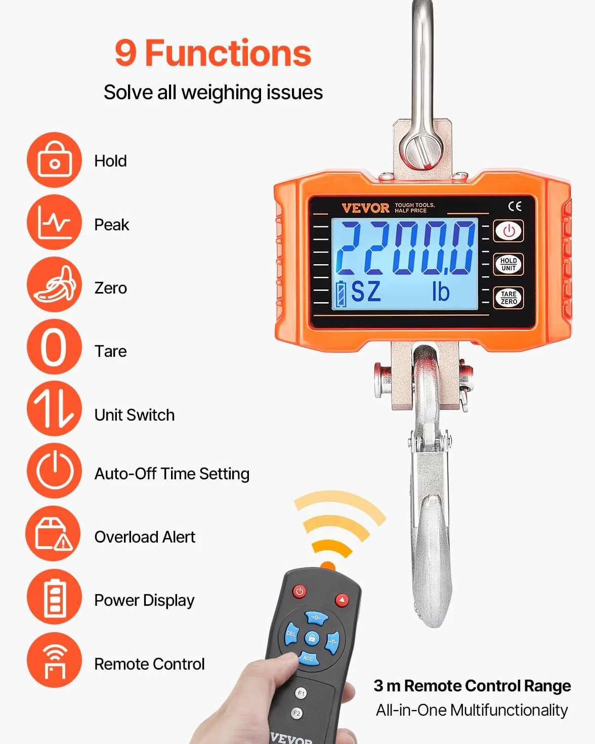 VEVOR Bilancia per Gru Digitale 1000 kg Industriale Sospesa Telecomando Cassa Alluminio Pressofuso Schermo LCD