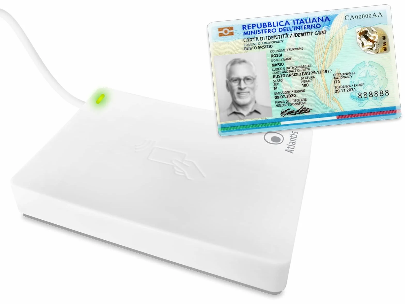 ATLANTIS lettore cie 3.0 carta d'identità elettronica italiana,per INPS,Ag. delle entrate, INAIL,Fascicolo sanitario,ANPR Lettore smartcard contactless nfc per PC, collegamento USB,Bianco,P005-CIED311