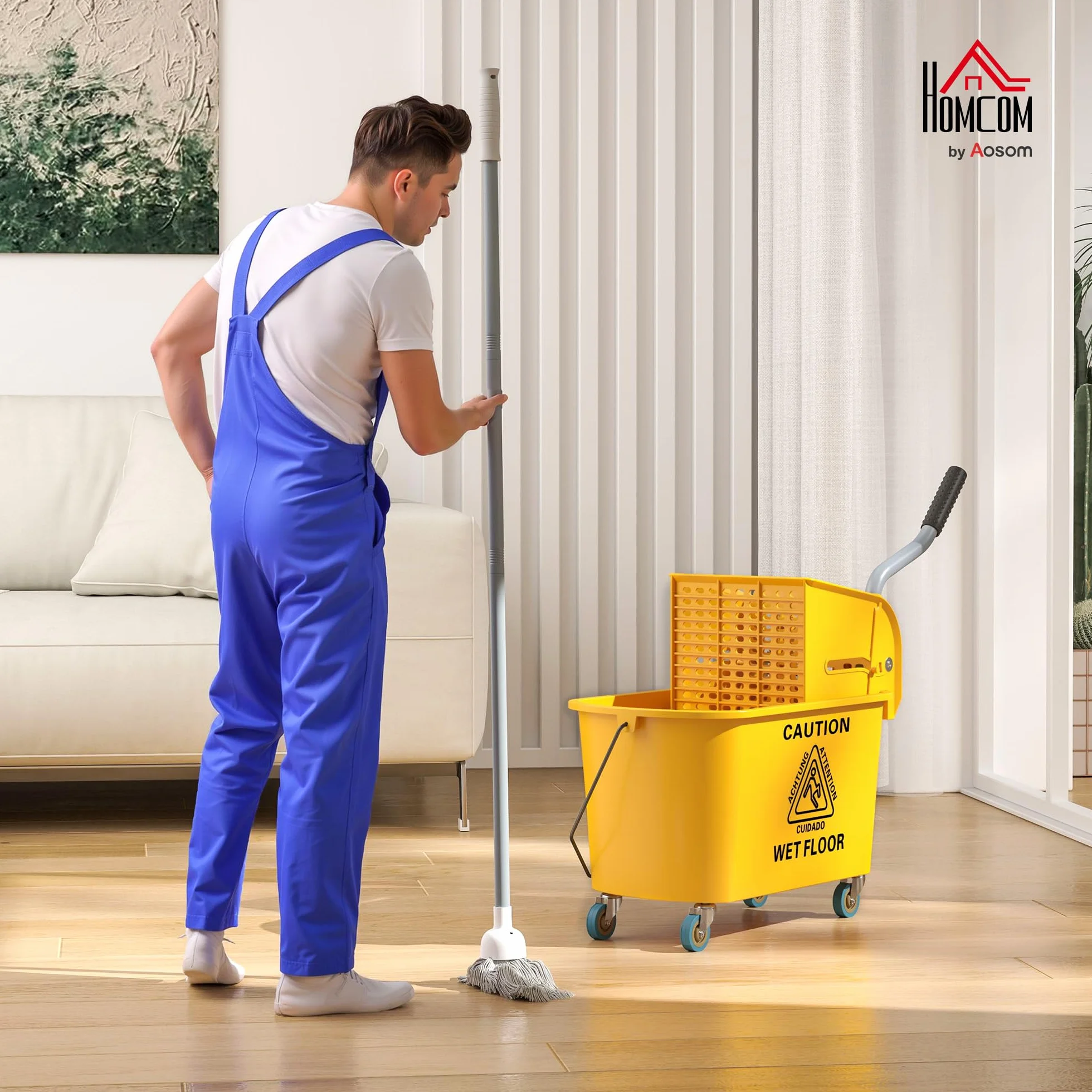 HOMCOM Carrello Pulizie 20L con Mocio e Secchio Lavapavimenti, Strizzatore Plastica, 4 Ruote, Giallo