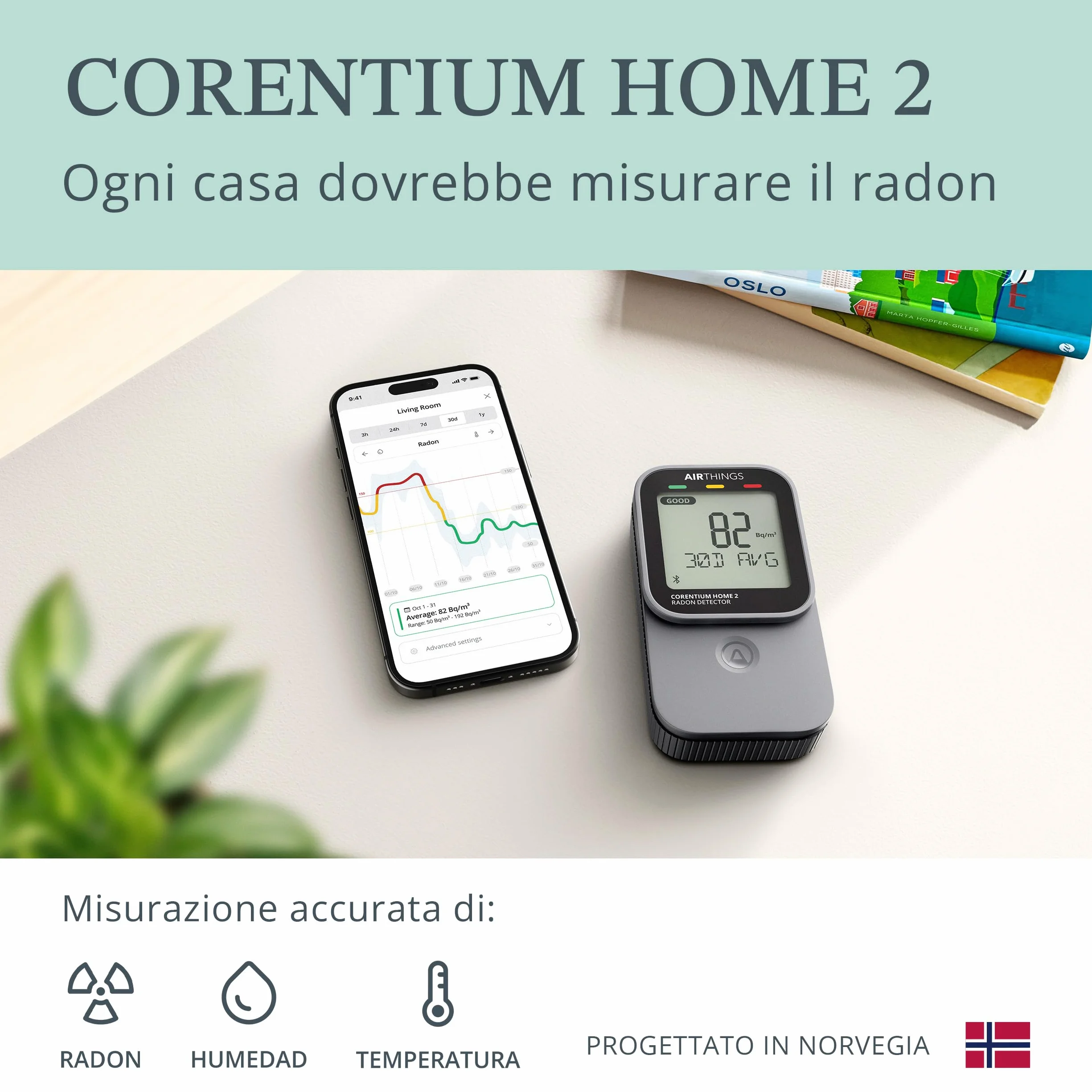 Airthings Corentium Home 2 Rilevatore di radon digitale con Bluetooth umidità temperatura