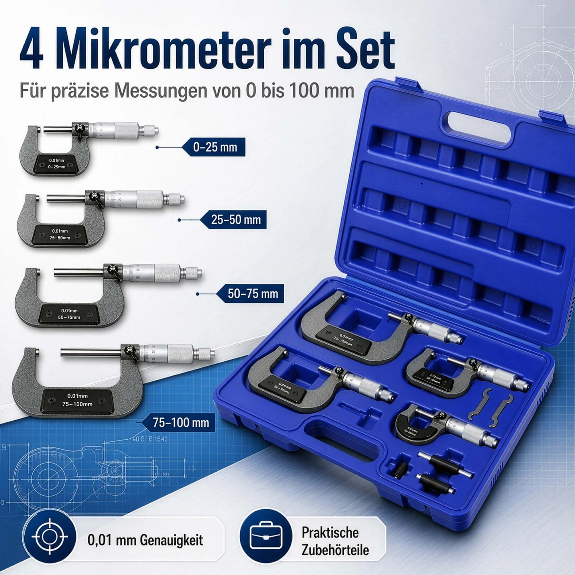 Mikrometr zewnętrzny 0-100 mm, zestaw 4 szt.