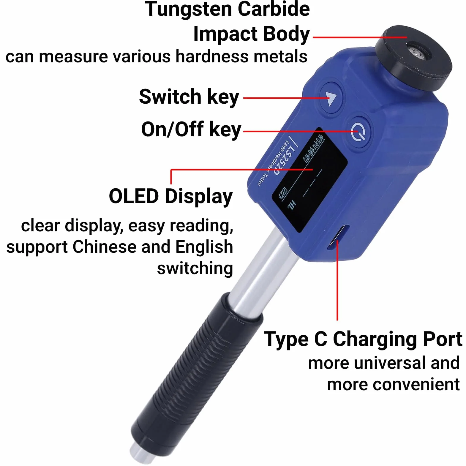 Misuratore di Durezza Portatile HL HV HB HS HRA HRB HRC Tester a Penna con Dispositivo di Impatto di Tipo D