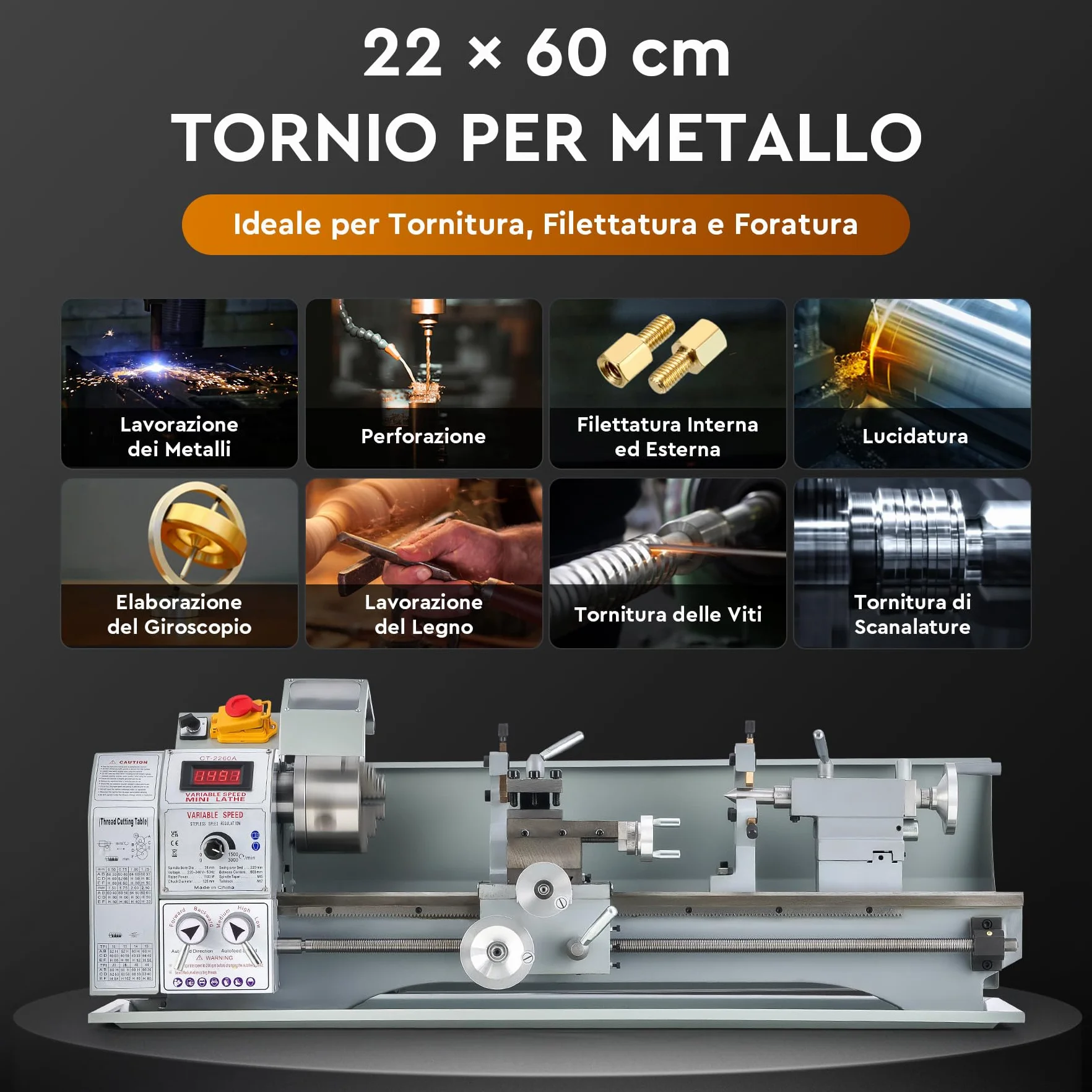 CREWORKS 1100W Tornio per Metallo 220 x 600 MM a Velocità Variabile 0-3000rpm con Mandrino a 3 Griffe e Display LCD per Filettatura, Tornitura, Foratura, Lucidatura