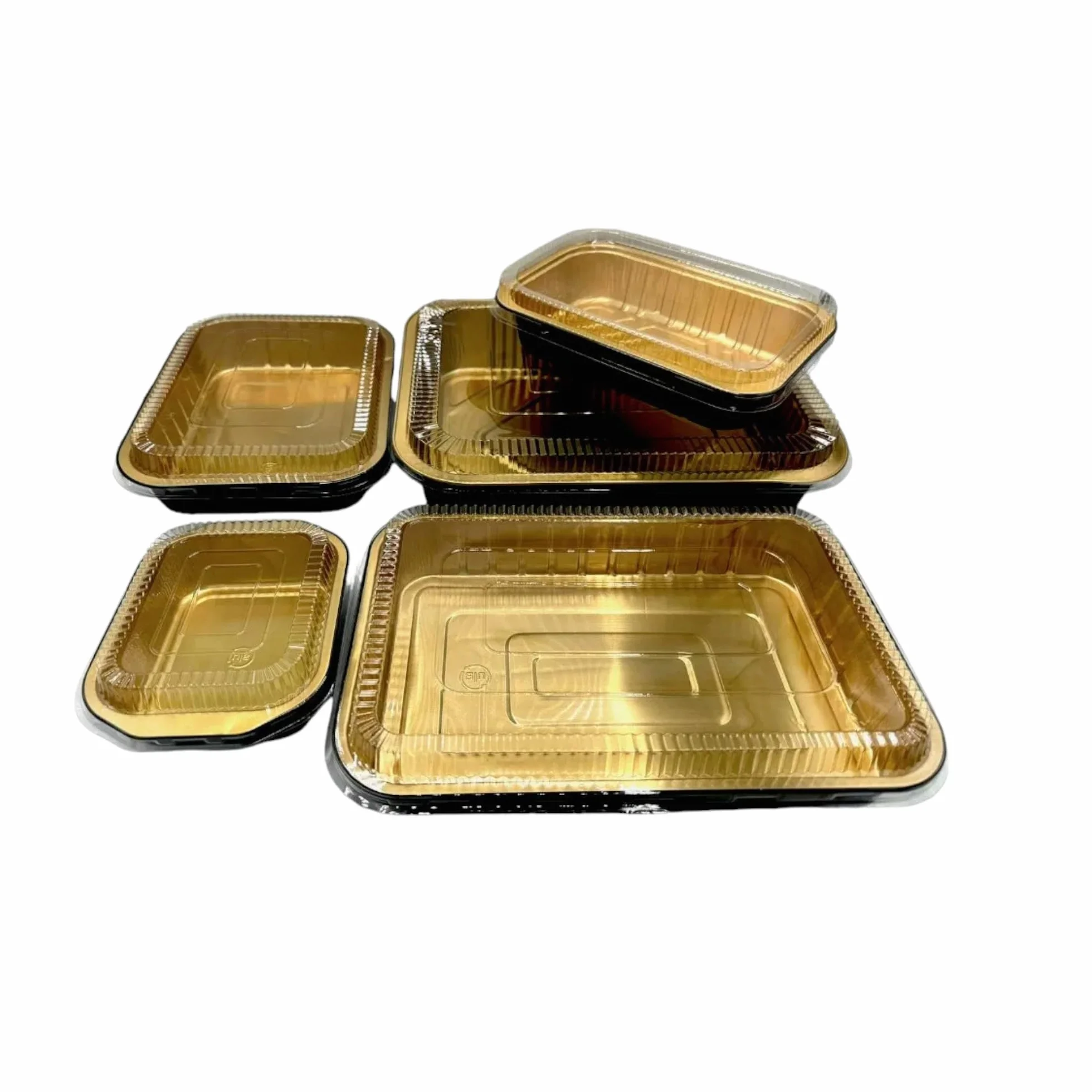 Contenitori Premium in alluminio laccati gold e black con coperchio in pet trasparente 50 pezzi (2040cc)