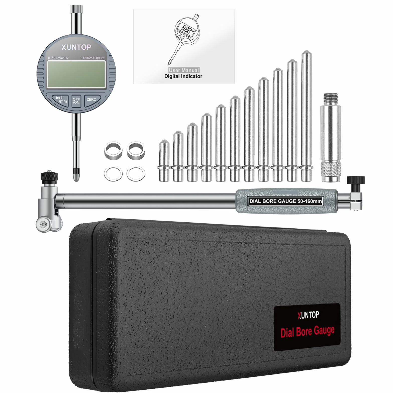 XUNTOP Alesametro con Quadrante 50-160mm/2-6" con Set 12 Testine Auto Alesametro con Comparatore Centesimale 0.01mm Precisione Indicatore Diametro Interno con Custodia ABS per Motori Cilindri CNC