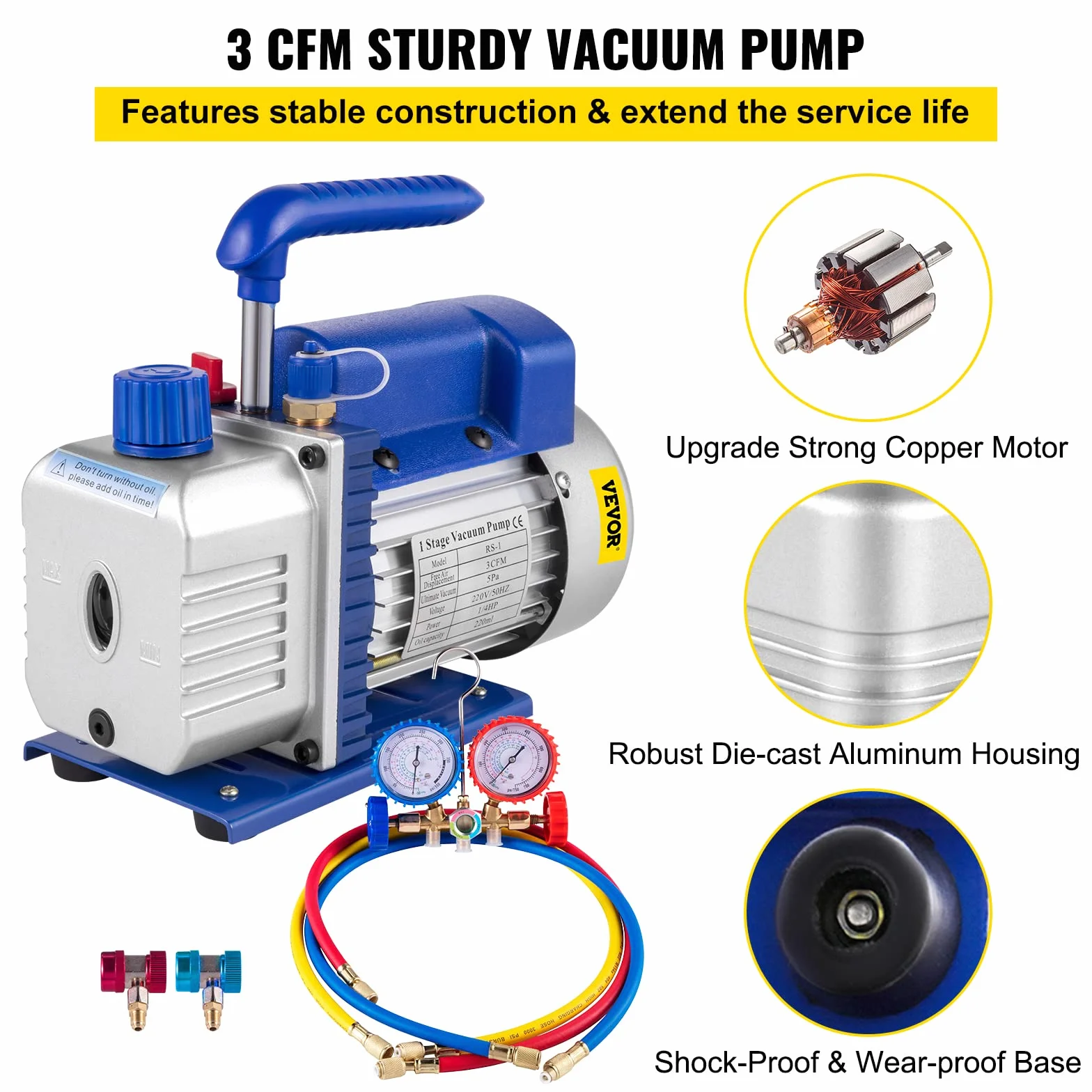 VEVOR Pompa Vuoto per Condizionatori 3CFM 1/4HP, Pompa a Vuoto per Refrigerazione da 85 Lt/min con Manometro AC/DC, Pompa a Vuoto per Condizionatori R22, R134A, R410A