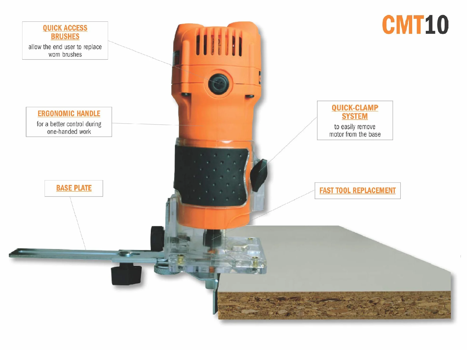 CMT CMT10 Elettrofresatrice Professionale per Bordi 550W-230V con Pinze 6/8 mm, Arancio/Nero