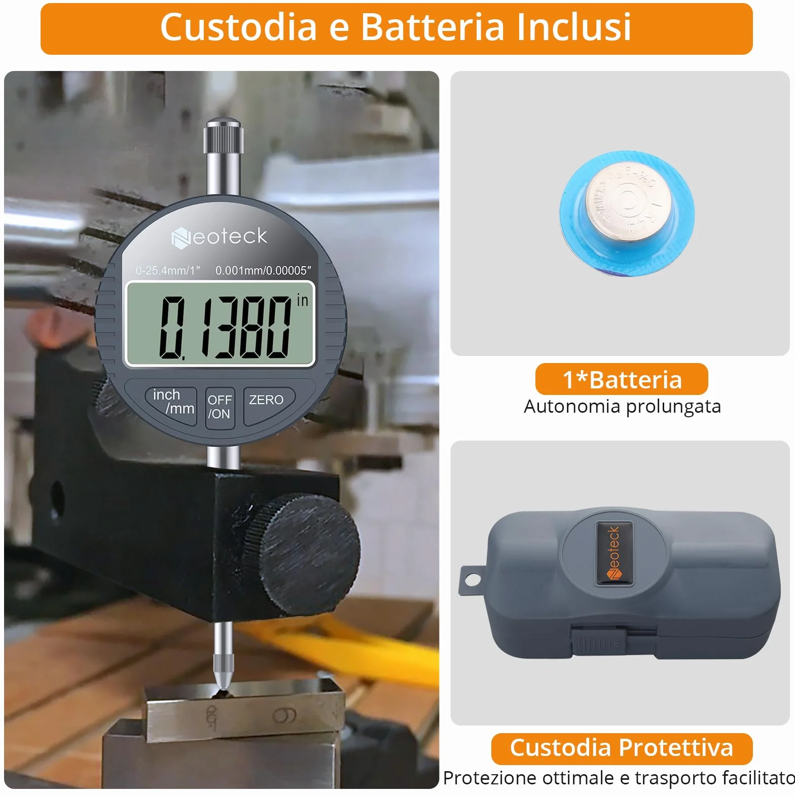 Neoteck Comparatore Digitale Millesimale 0–25.4mm – Indicatore di Precisione 0.001mm con Display LCD, Funzione Zero, Comparatore Millesimale con Conversione mm/pollici per CNC Tornio Officina
