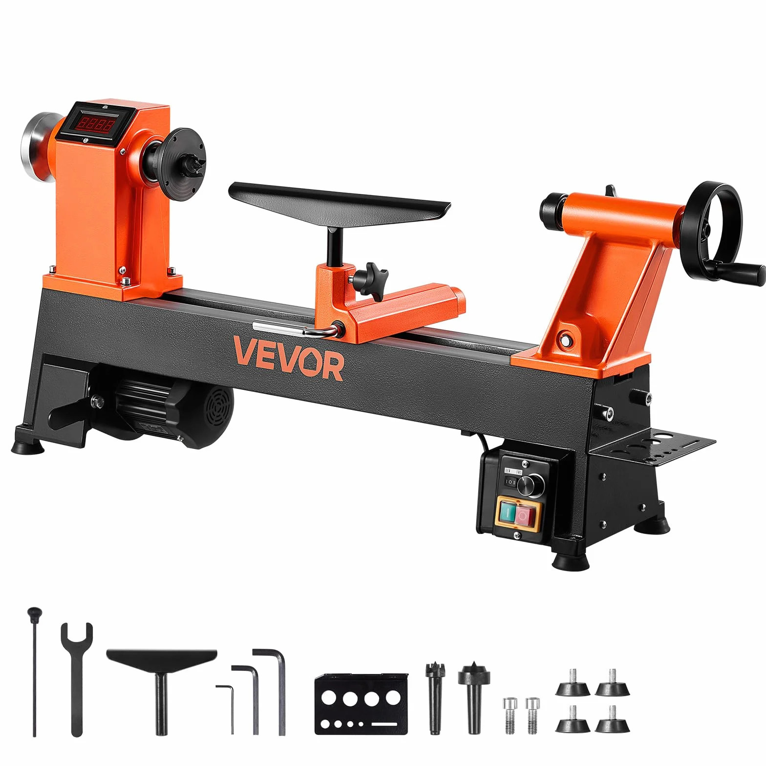 VEVOR Tornio per Legno, 1 CV, Tornio da Banco per Legno con Velocità Variabile da 0 a 3800 giri/min, Banco da Lavoro da 304 x 465 mm, Motore DC Senza Spazzole, Costruzione in Ghisa
