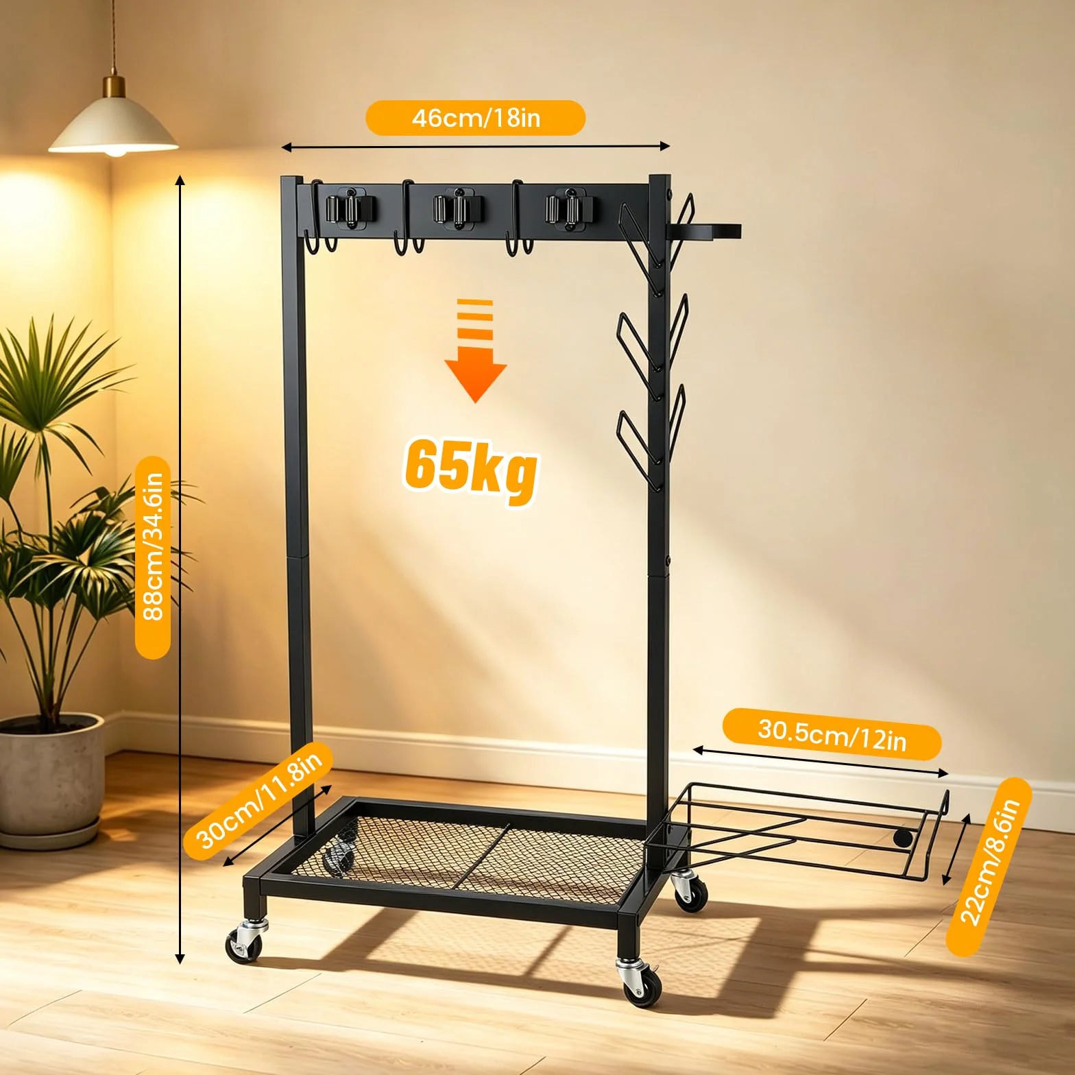Carrello di Pulizia Porta Scopa Rettangolare con Supporto per Aspirapolvere, 4 Ruote, 3 Ganci, 6 Fessure