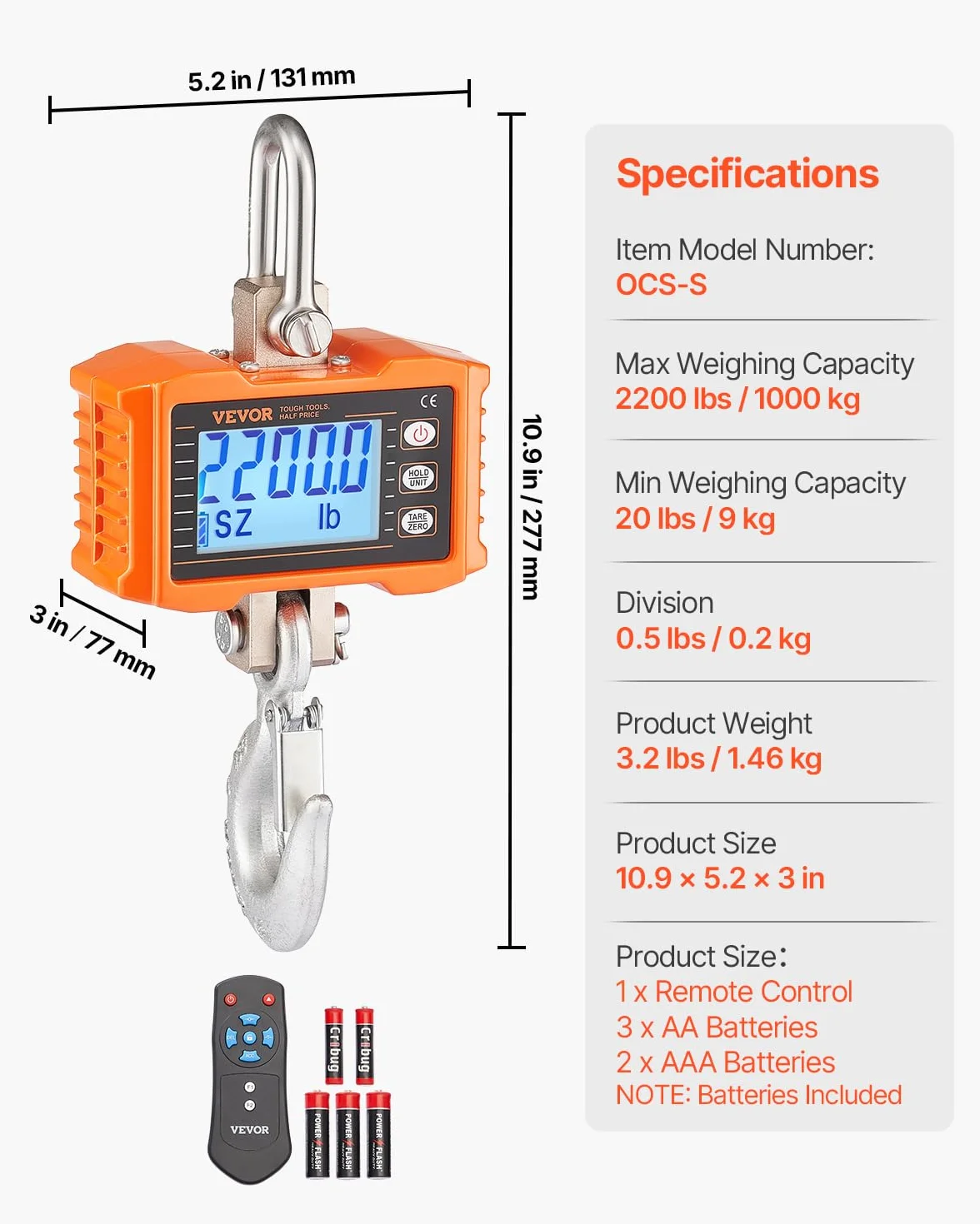 VEVOR Bilancia per Gru Digitale 1000 kg Industriale Sospesa Telecomando Cassa Alluminio Pressofuso Schermo LCD