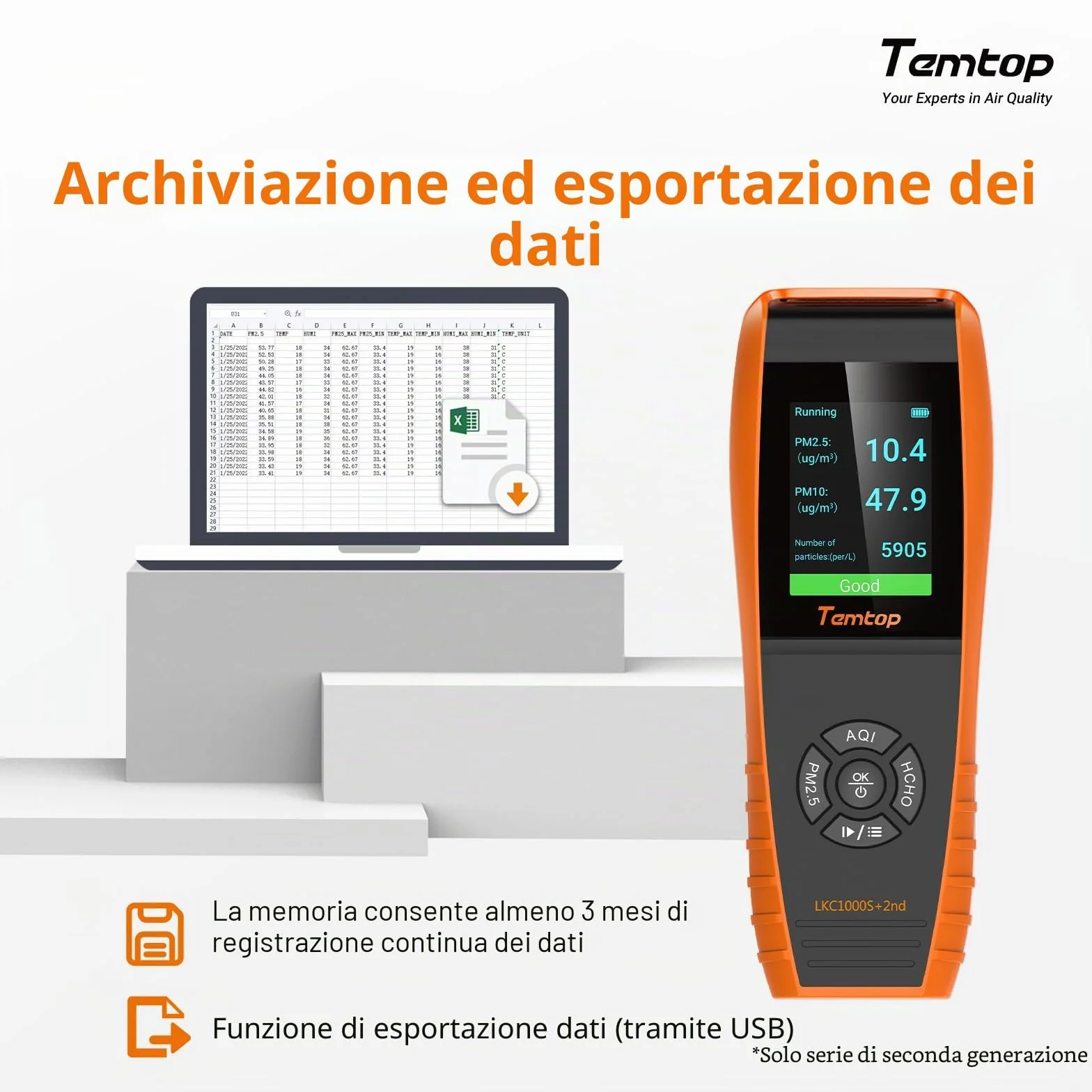 Temtop LKC-1000S+ 2ND Rilevatore di Qualità dell'Aria Monitor Formaldeide HCHO PM2.5 PM10 TVOC
