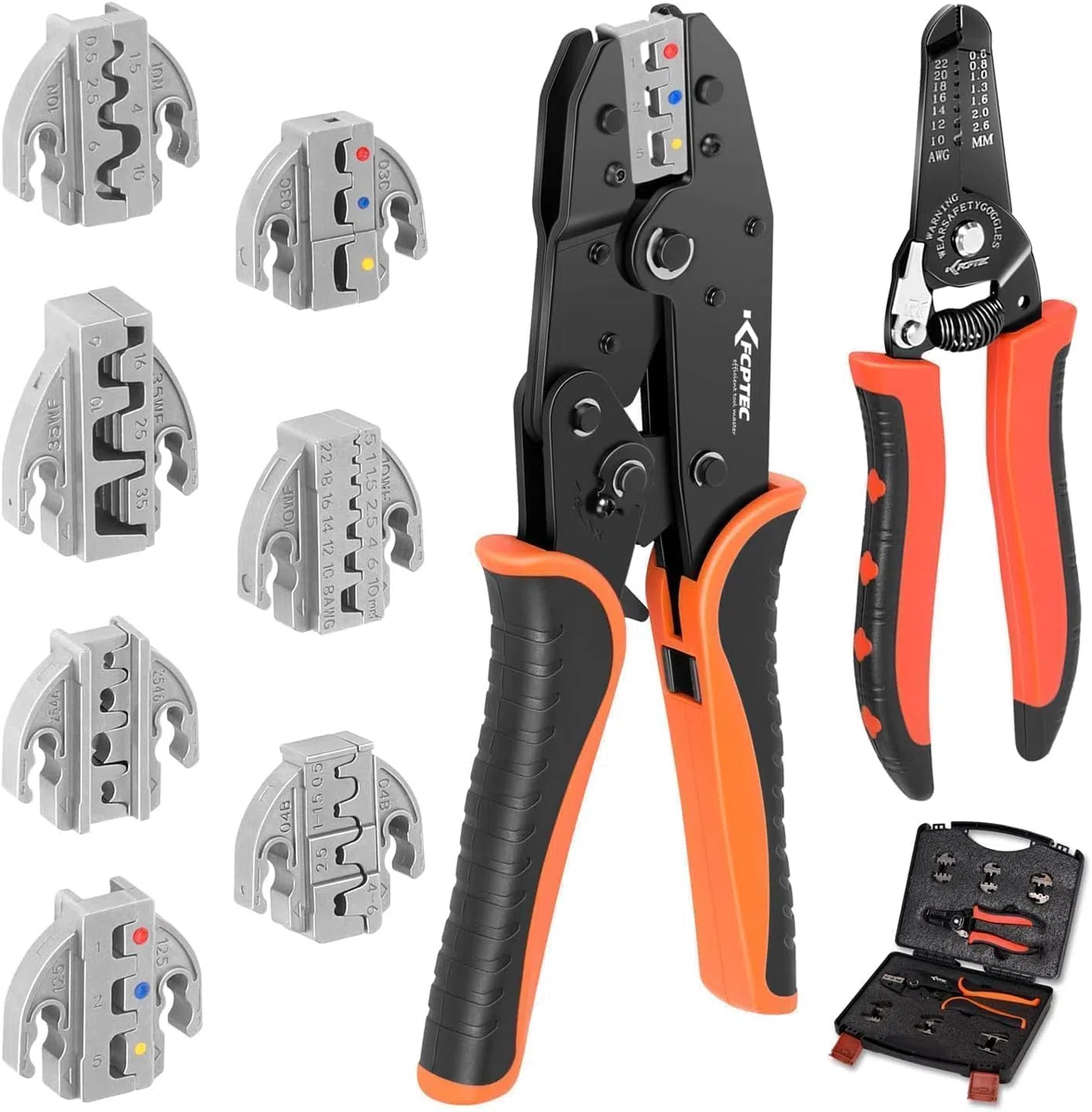 KF CPTEC Set di Pinze a Crimpare 9 PZ - Pinza Crimpatrice per terminali a filo - Strumento di Crimpatura intercambiabile per termoretraibile,connettori isolato,non isolato,ghiera,connettori cilindrici