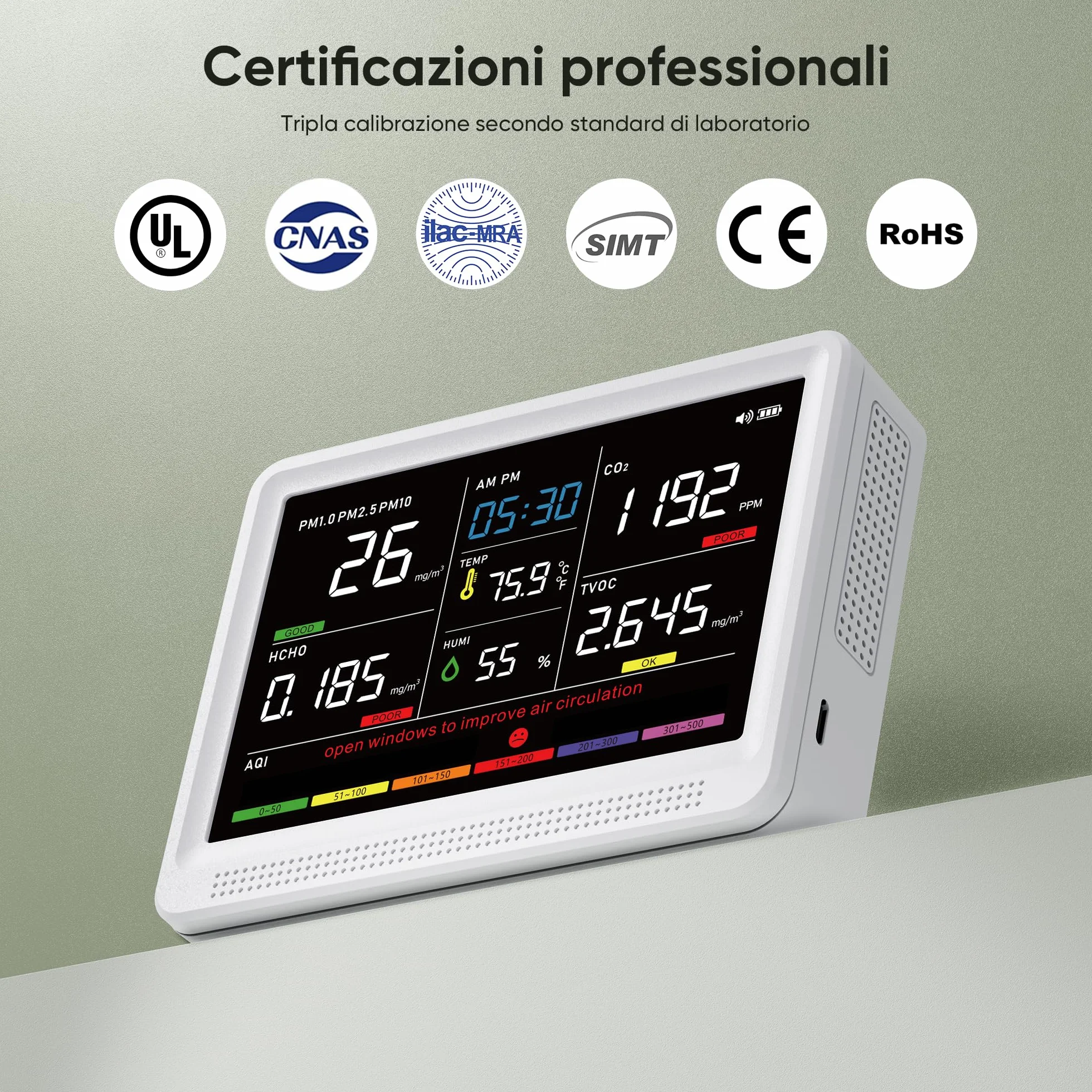 bonoch Professionale 16-in-1 Misuratore Qualità dell'Aria, Rilevatore CO2 con Display 5.5" e Batteria 10h, Monitor TVOC PM2.5 PM1.0 PM10 HCHO Temperatura Umidità