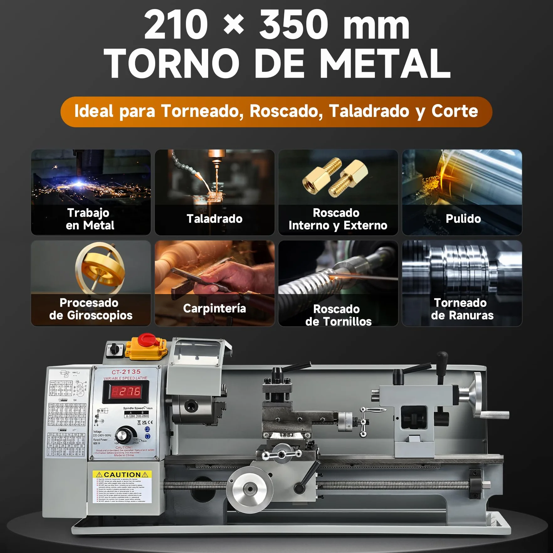 CREWORKS Mini Tornio per Metallo 210 x 350 mm 600W con Schermo Digitale per Metallo da Tavolo con Velocità Variabile 2500 giri/min per Tornitura di Metallo (210 x 350 mm)