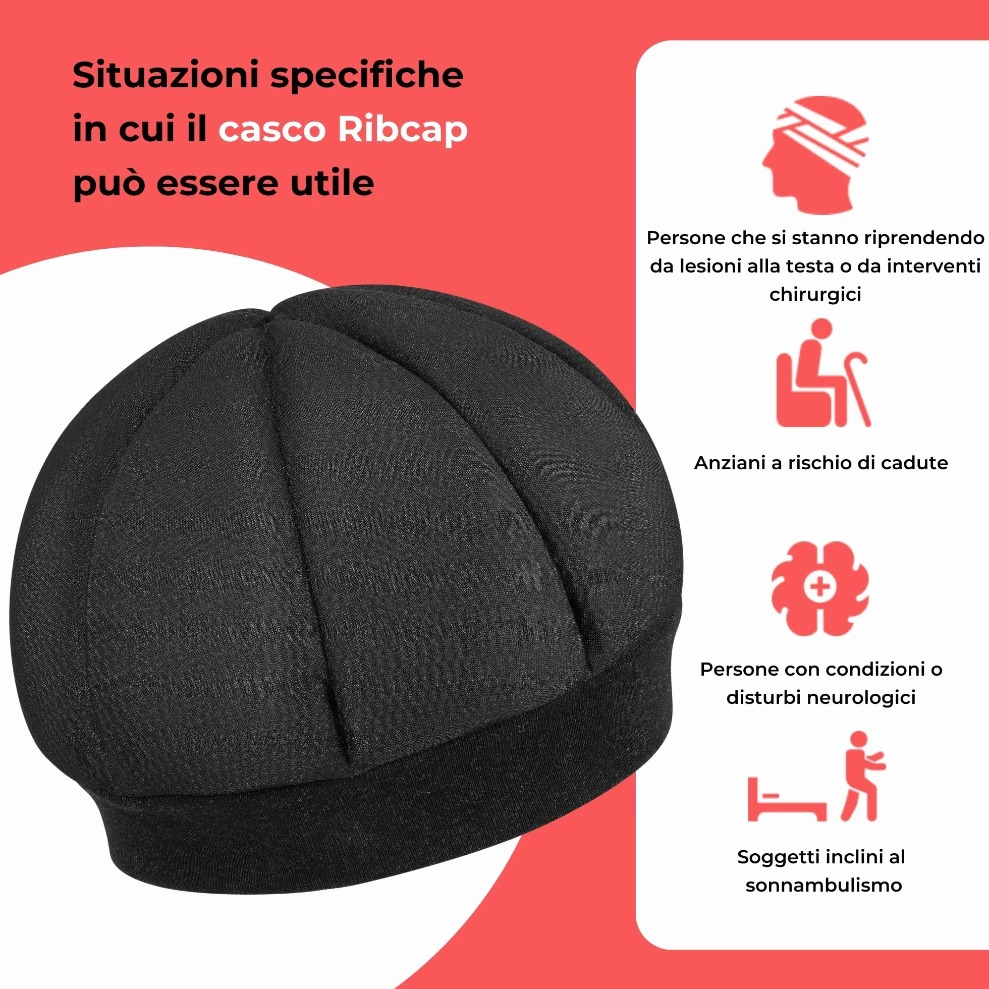 Ribcap Kate Cuffia sicura per Il Sonno | Nero | Casco Medico Protettivo per Il Sonno | Materiale Traspirante ipoallergenico