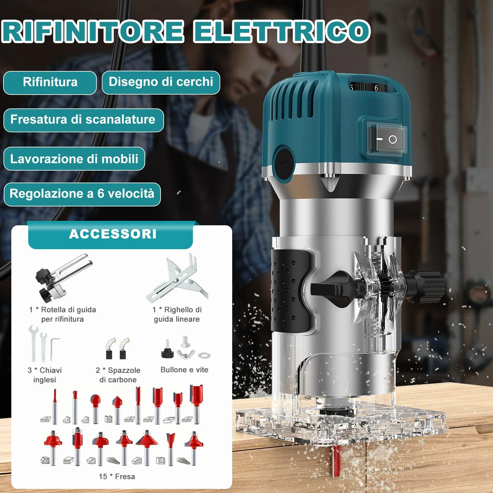 Rifilatore Fresatrice Verticale per legno, 800W 28000RPM Legno Rifilatrice Elettrica, 6.35mm Mandrino 6 Velocità Variabili Elettrica Fresatrice Palmare Con 15 pezzi 1/4" Fresatura Cuter