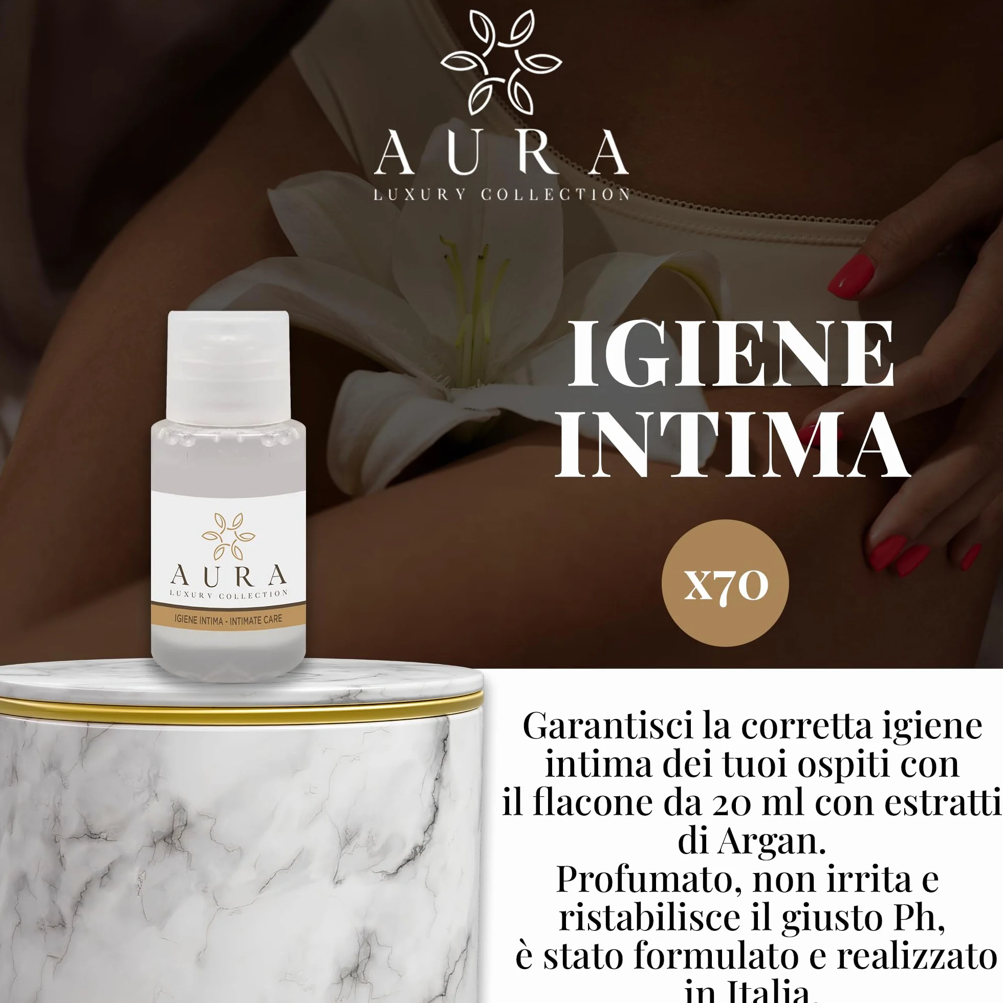 Aura Luxury Collection Kit cortesia bagno 295 pezzi: bustine doccia shampoo 10 ml, flaconi igiene intima 20 ml, cuffie monouso, saponette 9 gr
