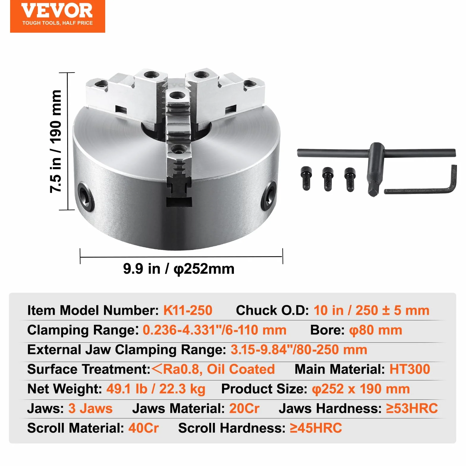 VEVOR Mandrino a 3 Ganasce per Tornio Mandrino Autocentrante Materiale in HT300 Diametro 250 ± 5 mm, Mandrino per Tornio a 3 Griffe Gamma di Serraggio 6-110mm, Mandrino Autocentrante per Tornio 250mm