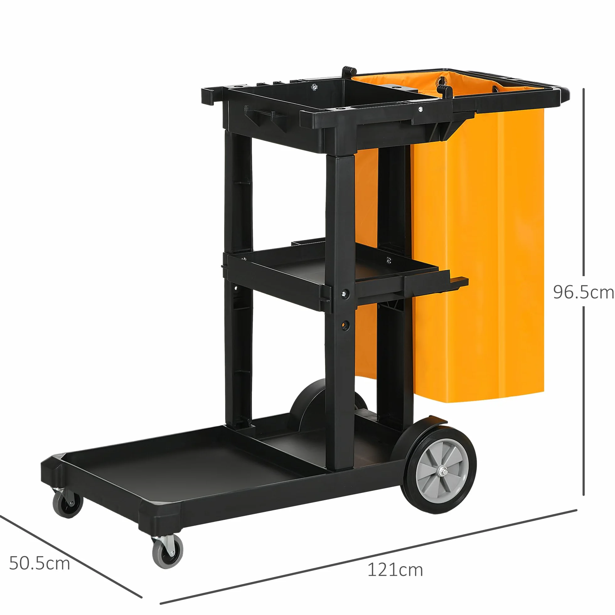 HOMCOM Carrello Pulizie Professionale 3 Ripiani con Ganci, 100L, 121x50.5x96.5 cm, Nero