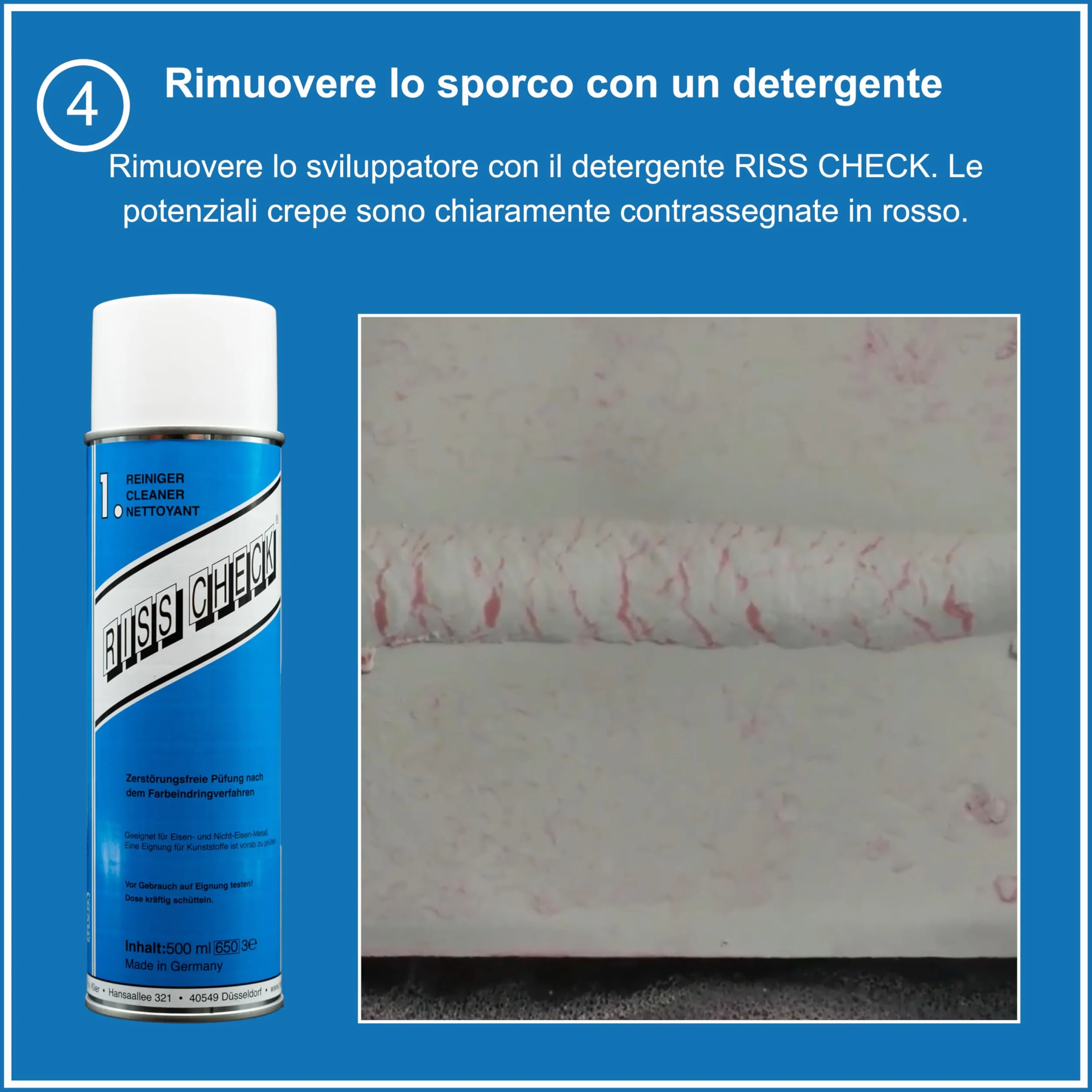 RvK RISS CHECK – Kit controllo crepe 3×500 ml – Spray detergente, spray rilevatore rosso, spray contrasto bianco – Prova non distruttiva DIN EN ISO 3452-2