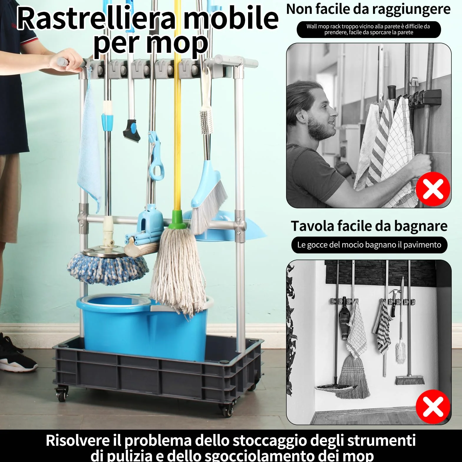 Carrello di pulizia mobile Supporto per scopa e mocio per pavimenti bagnati