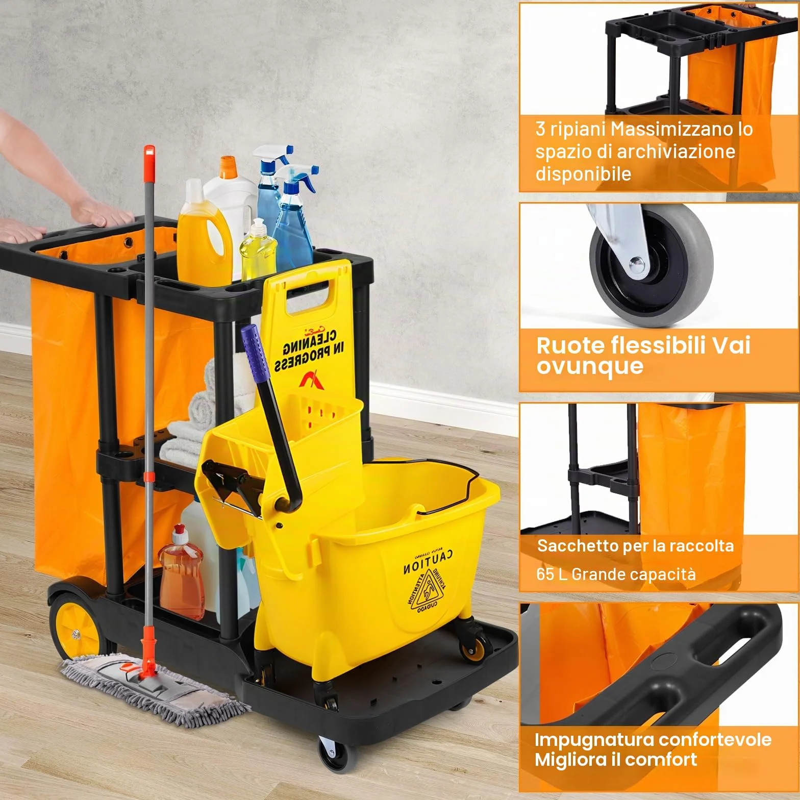 Bimiti Carrello per la pulizia professionale 113x56x93 cm 3 ripiani sacco da 65 L giallo nero