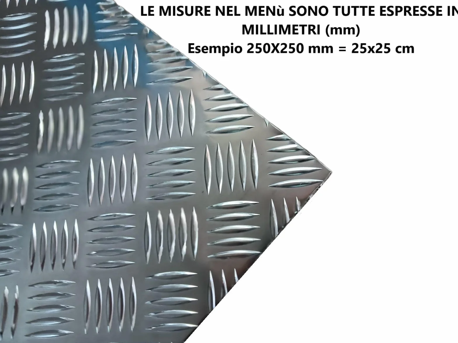 Lamiera MANDORLATA in ALLUMINIO, varie dimensioni e spessori (1000x1000x3mm)