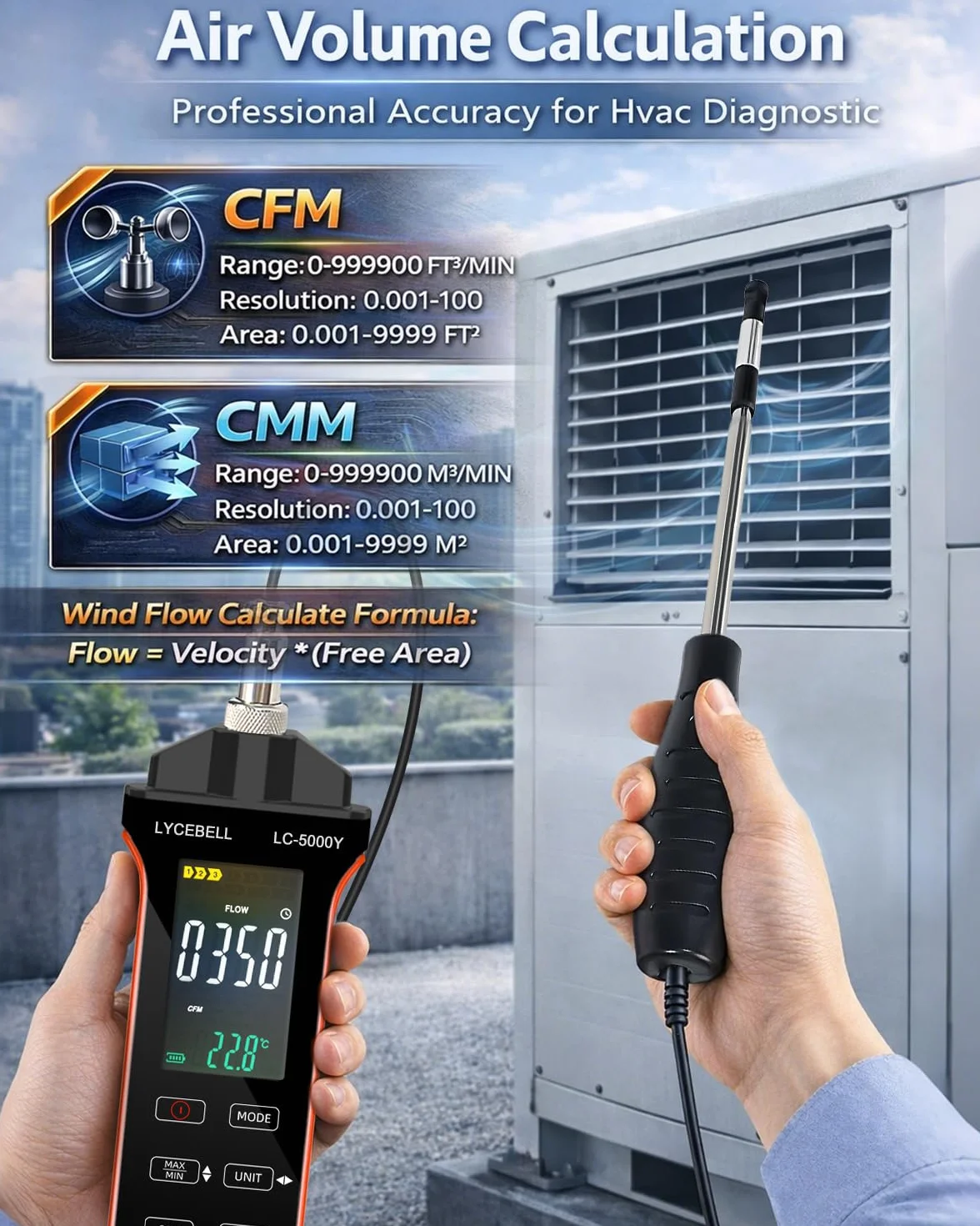Anemometro a filo caldo LYCEBELL 5000Y 0,1-30 m/s IP54 batteria USB-C per HVAC