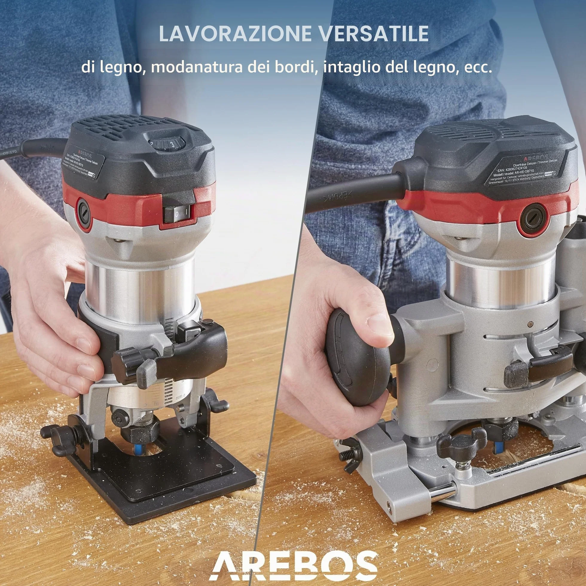 Arebos Fresatrice verticale | Fresatrice per legno con 6 livelli di velocità | Bloccaggio mandrino 710 W | Base a immersione e trimmer | Pinza di serraggio Ø 6 e 8 mm | Con borsa porta utensili
