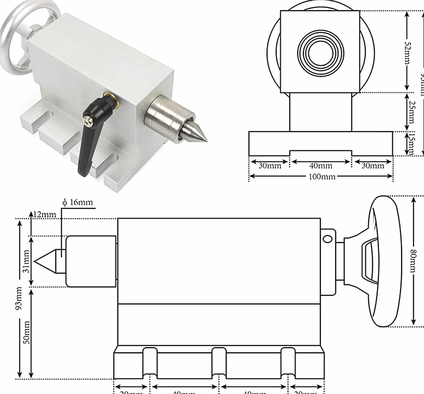 RATTMMOTOR Asse rotante CNC, asse rotante 4th Axis K11-100mm con albero cavo a 3 morsetti con rapporto di trasmissione 6:1 e mandrino da 65mm per tornio CNC, fresatrice