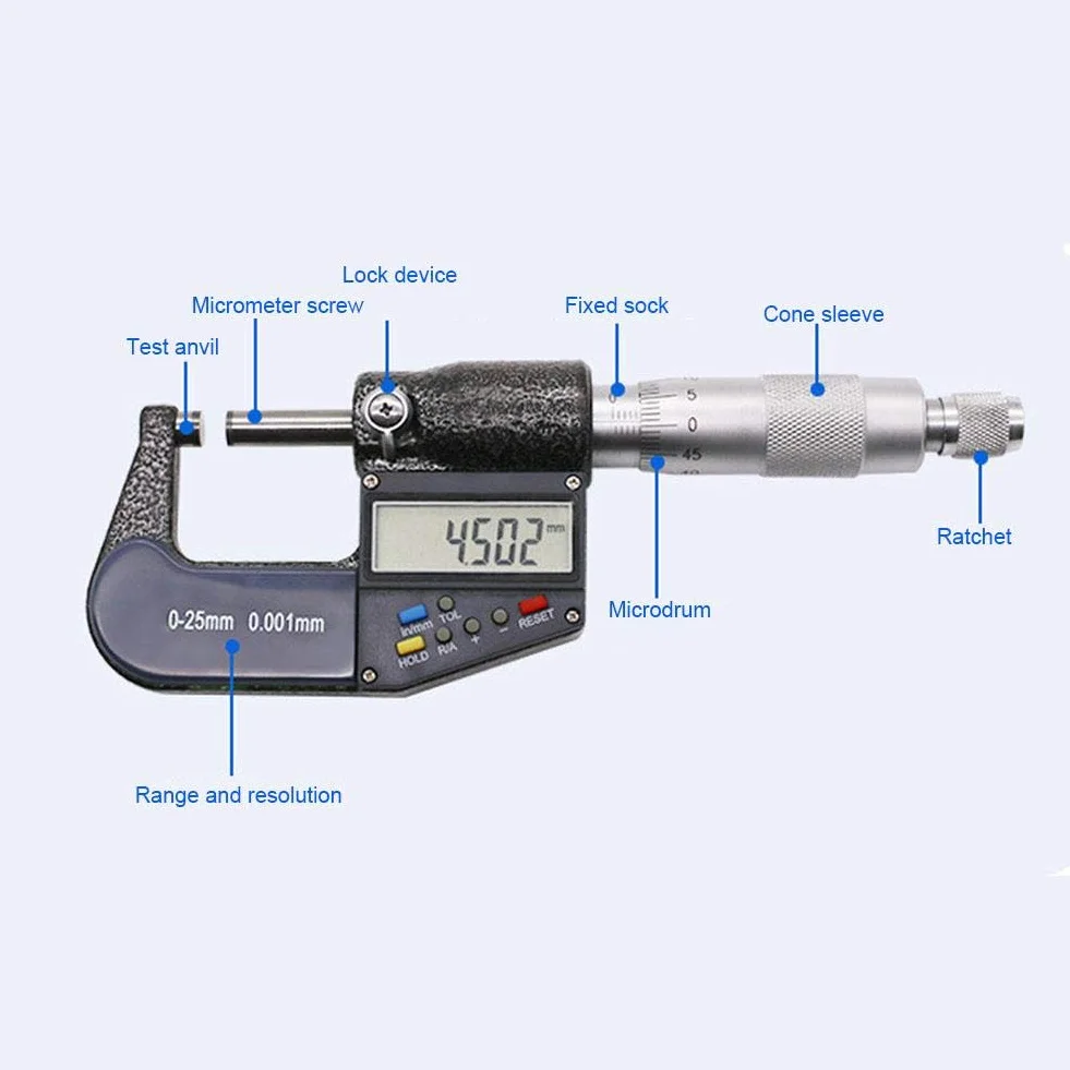 Micrometro Digitale Esterno 0-25mm 0,001mm LCD con Bloccaggio Conversione MM Pollici Conservazione Dati