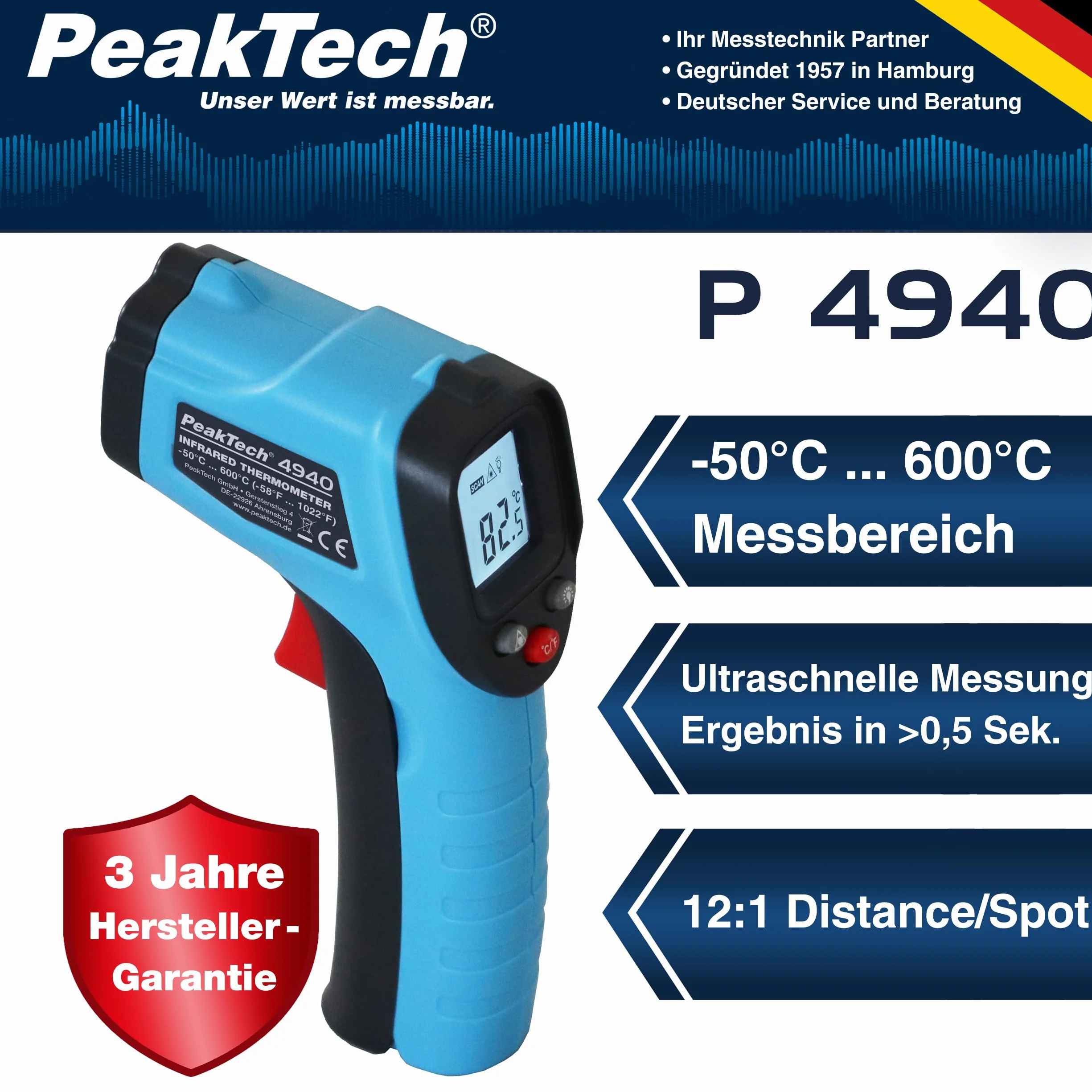 PeakTech 4940 Termometro a infrarossi con laser -50°C a 600°C 12:1 0,5s emissività 0,95