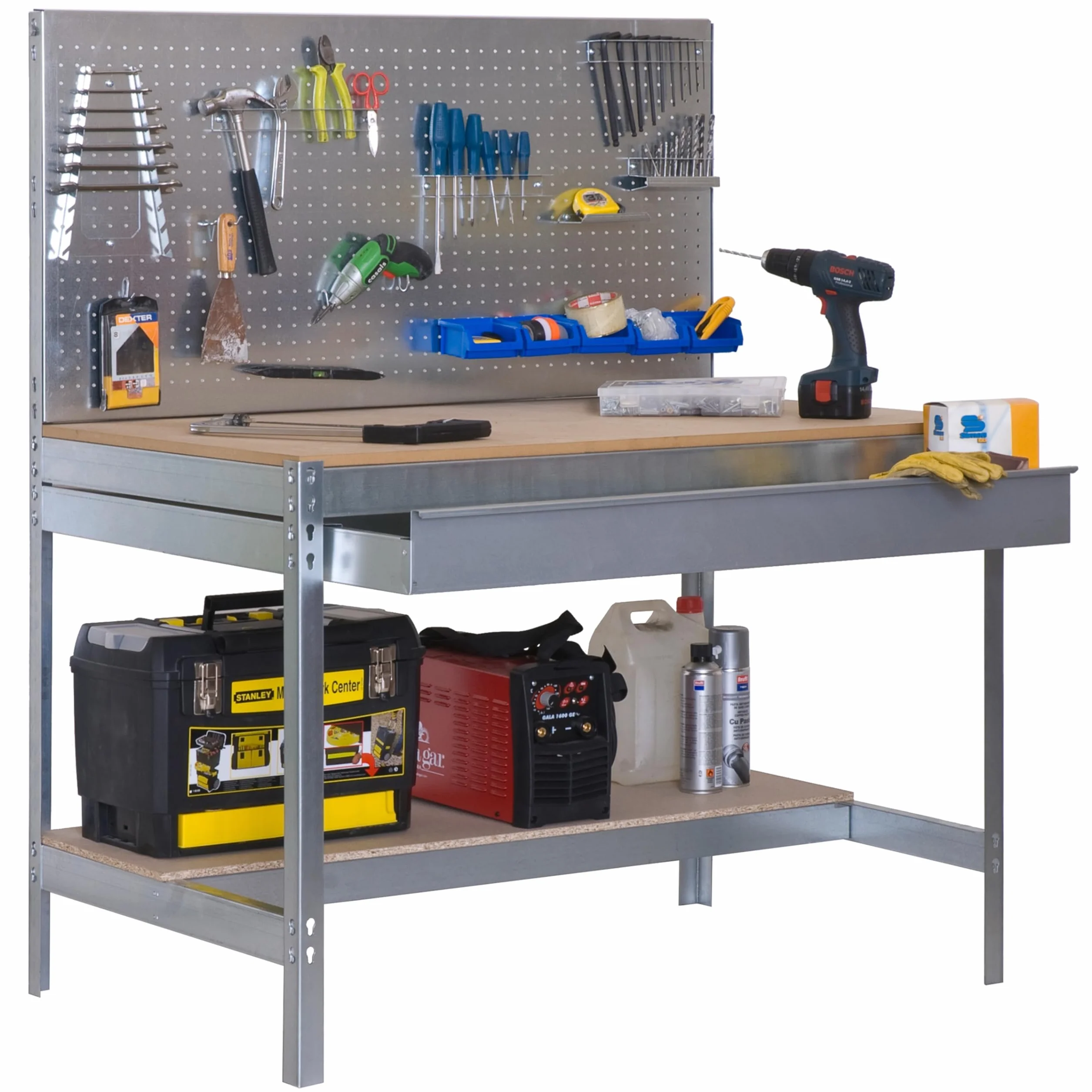 SimonRack Banco da Lavoro Officina, Capacità di Peso 600 kg, 1445x1510x610 mm, Tavolo da Lavoro, 1 Cassettto, Zincato/Lengo - BT2