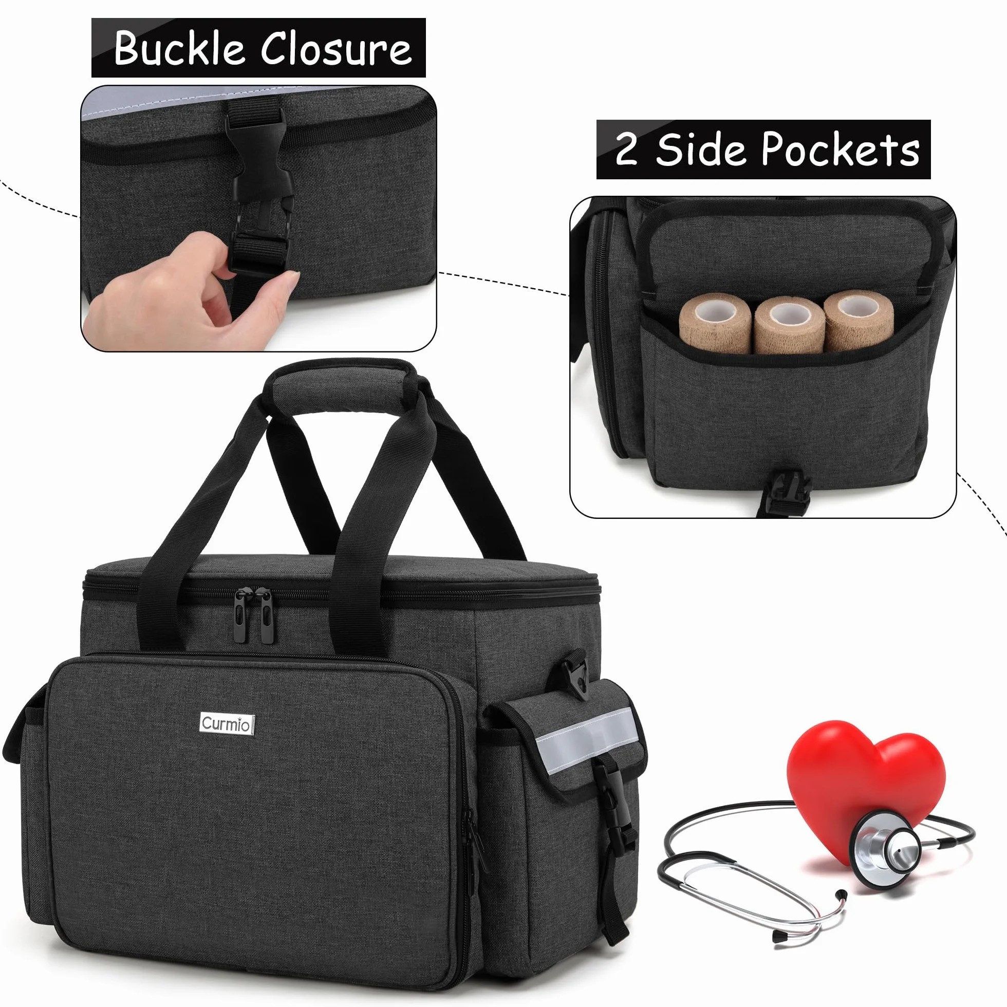 CURMIO Borsa per Infermiere Domiciliare, Organizer Forniture Mediche Con Tracolla e Divisori Rimovibili per Fisioterapisti, Medici, Personale Sanitario, Solo Borsa Medica, Nero
