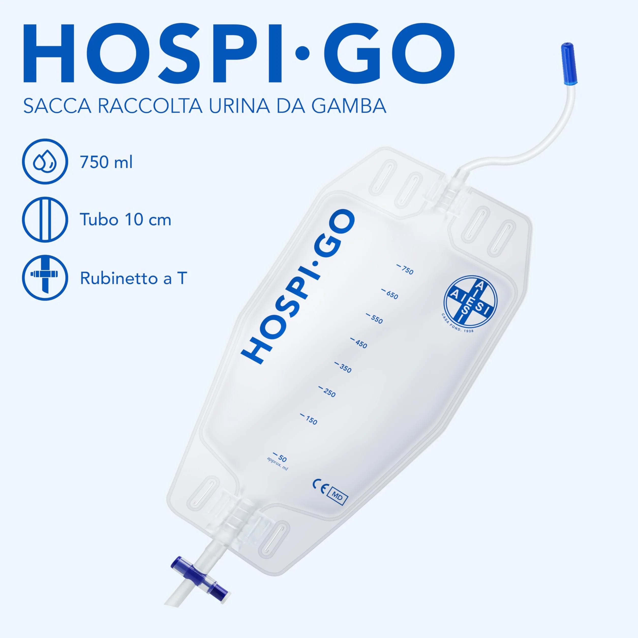 AIESI® Sacche per urina da gamba 750 ml tubo 10 cm 50 pezzi con rubinetto di scarico a croce T e valvola anti-reflusso HOSPI-GO