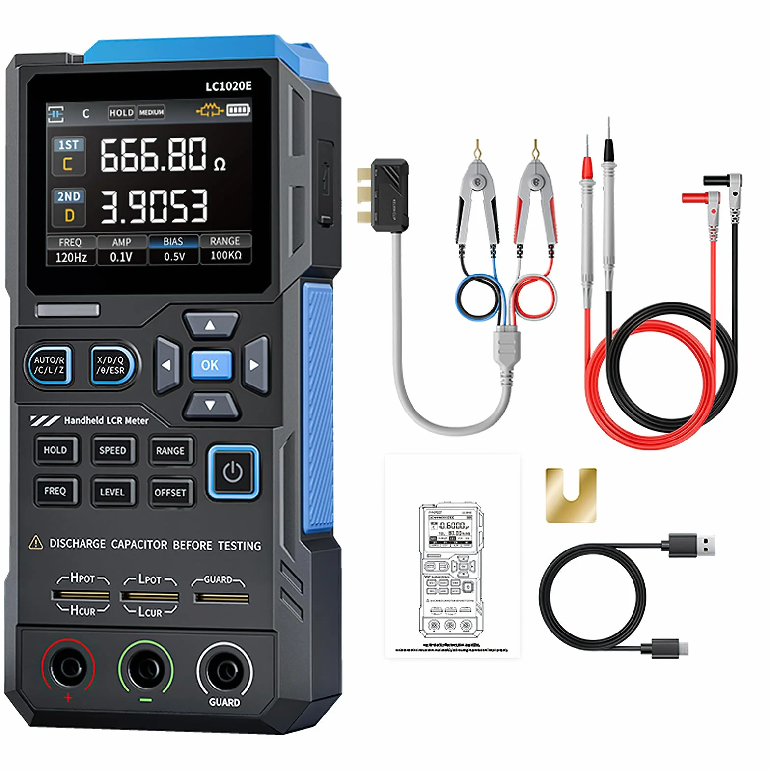 LC1020E Tester Digitale,LCR Meter Tester Digitale Portatile LCR Bridge Tester Condensatori Test di Capacità, Resistenza e Induttanza,Frequenza Regolabile da 100 Hz a 100 KHz, Blocco dati