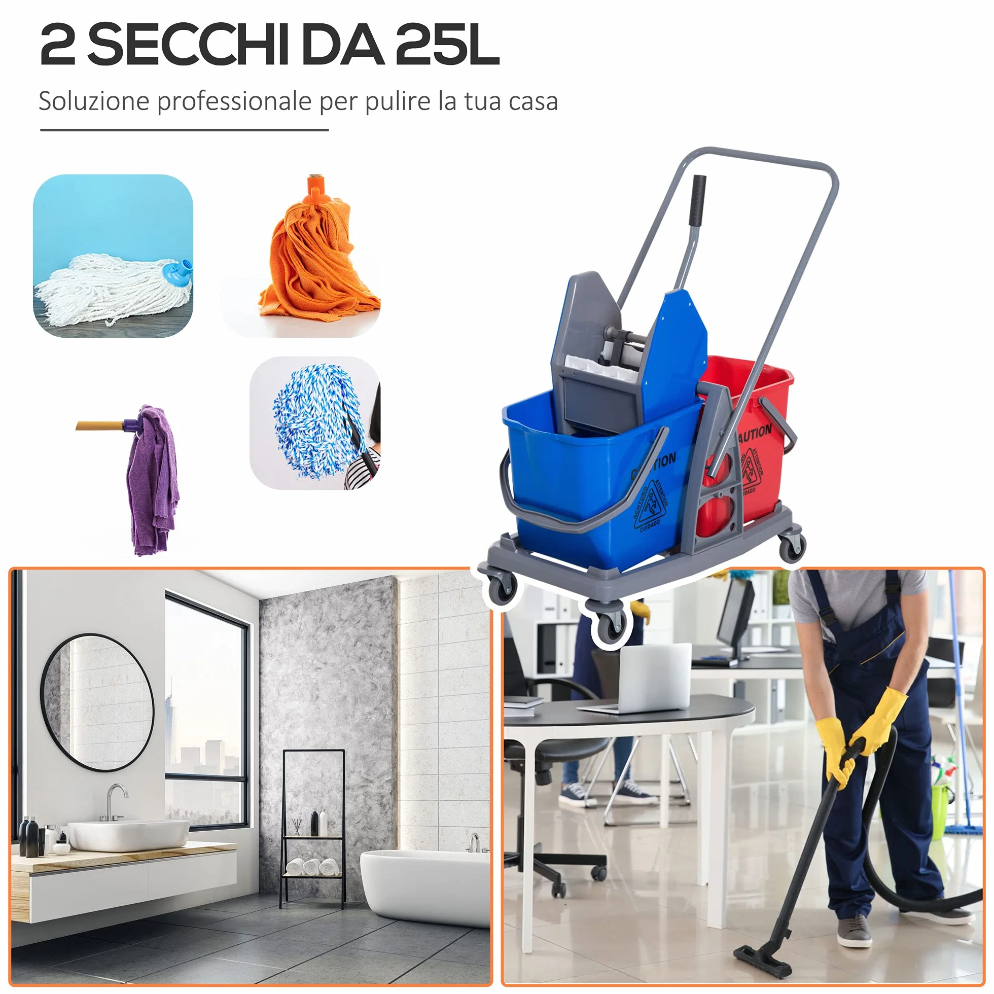 HOMCOM Carrello delle Pulizie 2 Secchi 25L Strizzatore 73×45×92cm