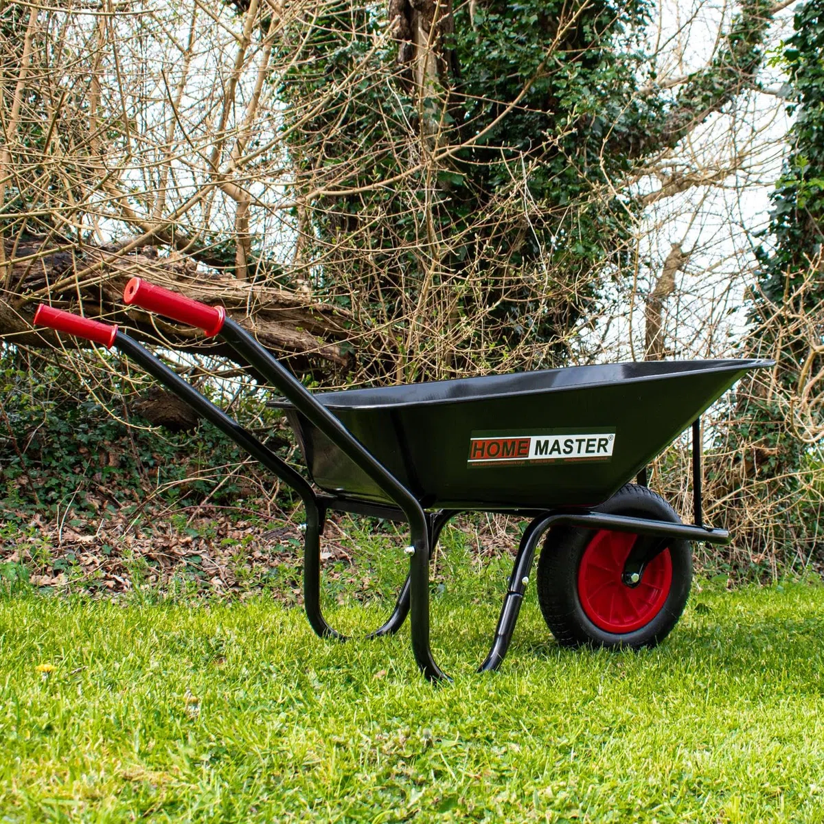 Carriola da giardino resistente HOMEMASTER® | 90 litri 120-150 kg | Pneumatico | Plastica rinforzata | Robusta carriola per carretto da trasporto di grandi dimensioni (Steel Black)