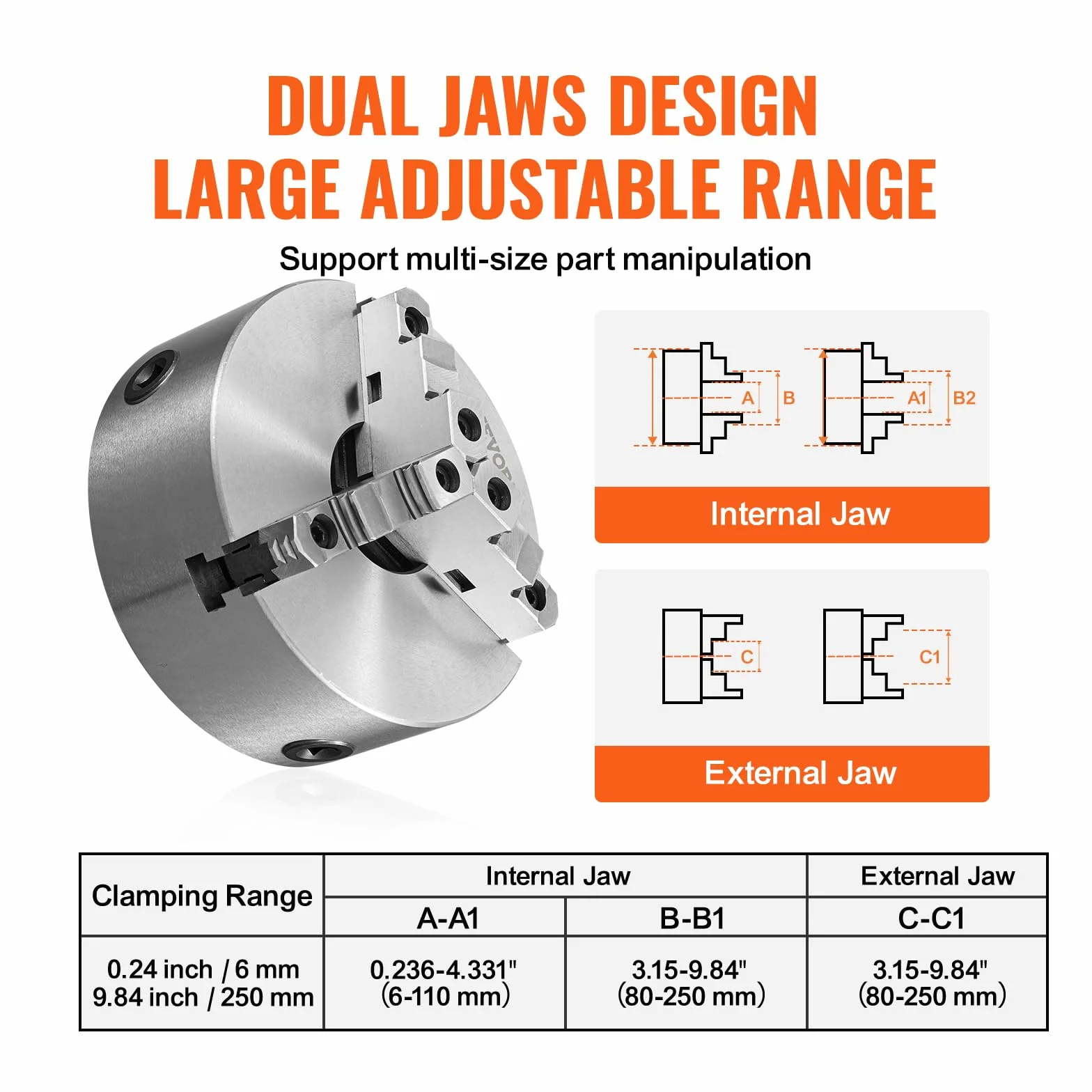VEVOR Mandrino a 3 Ganasce per Tornio Mandrino Autocentrante Materiale in HT300 Diametro 250 ± 5 mm, Mandrino per Tornio a 3 Griffe Gamma di Serraggio 6-110mm, Mandrino Autocentrante per Tornio 250mm