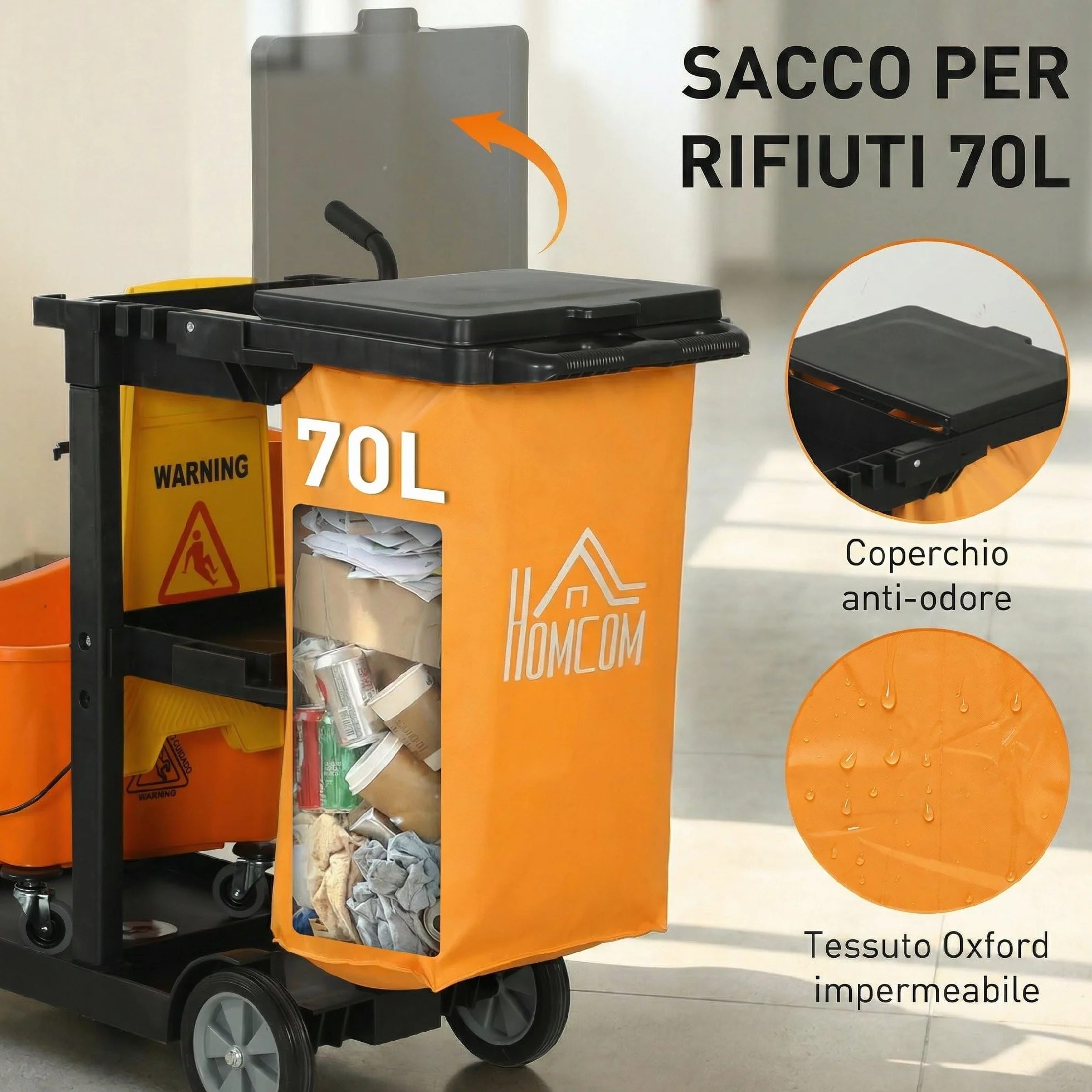 HOMCOM Carrello Pulizie 3 Ripiani 70L Secchio Lavapavimenti Strizzatore 4 Ruote 122x46.5x101 cm