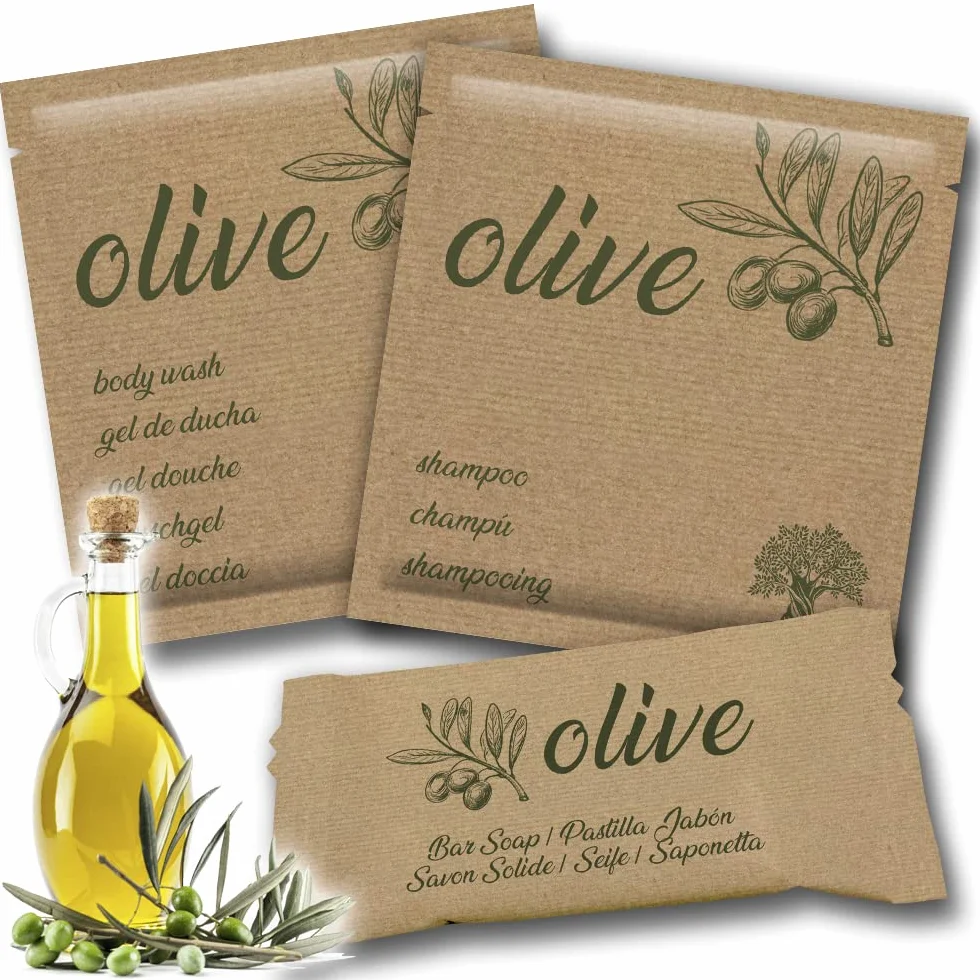 GPQ - Confezione OLIVE Amenities Hotel | Kit gel doccia + shampoo + saponetta | 100 pezzi x 3 Prodotti | Senza Parabeni | Appartamento, B&B, Casa Rurale, Viaggio, Ospiti | Prodotto nell'UE