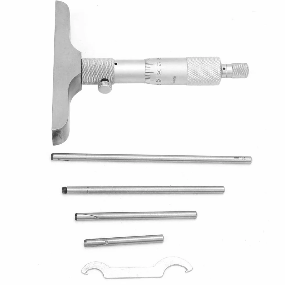 Calibro micrometrico di profondità 0,01 mm a testa tonda Strumento di misurazione 0-100 mm 4 pollici + 5 bielle