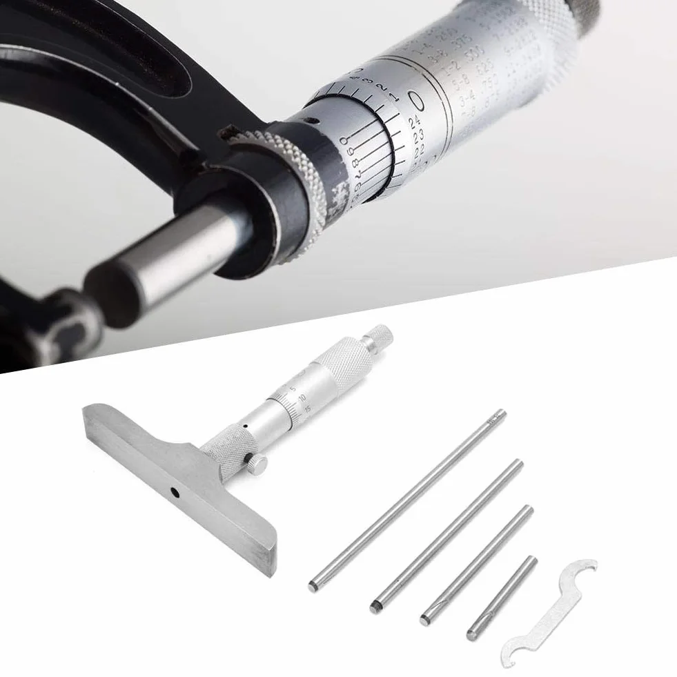 Calibro micrometrico di profondità 0,01 mm a testa tonda Strumento di misurazione 0-100 mm 4 pollici + 5 bielle