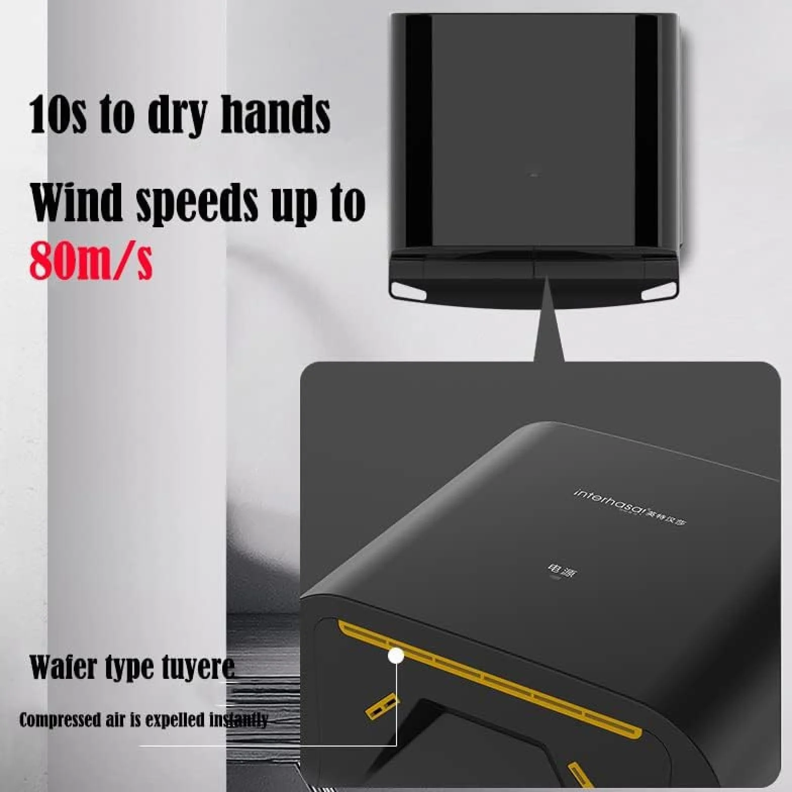 Asciugamani Automatico a Induzione 1250W 80 M/s Asciugamani Elettrico da Bagno Caldo Freddo Regolabili Oro