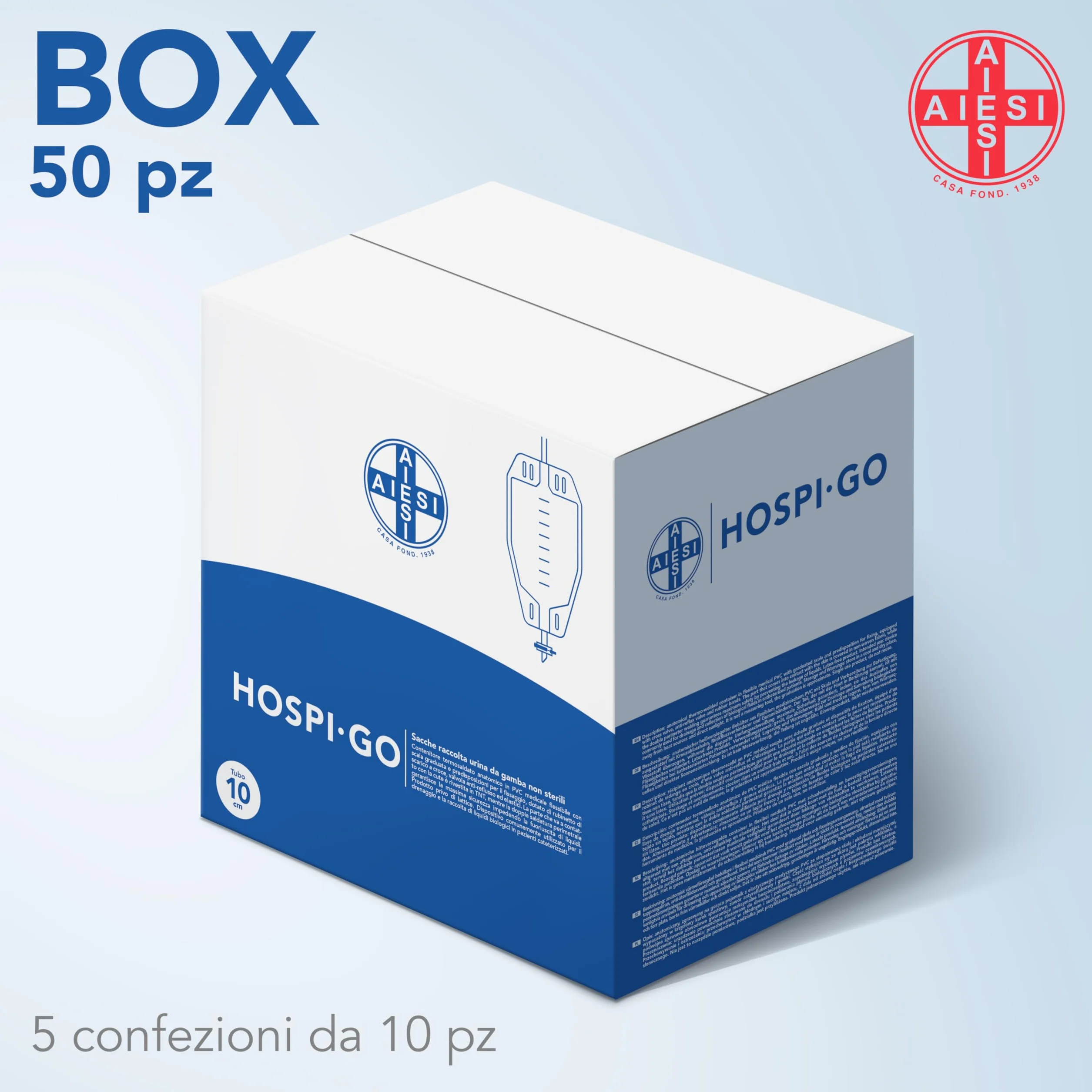 AIESI® Sacche per urina da gamba 750 ml tubo 10 cm 50 pezzi con rubinetto di scarico a croce T e valvola anti-reflusso HOSPI-GO
