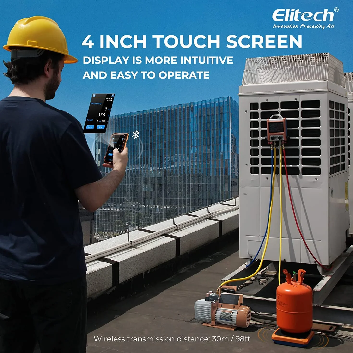 Elitech Bilancia per Refrigerante Intelligente, 100KG / 220LB, Touch Screen, HVAC, Bilancia per Refrigerante con Recupero di Refrigerazione Automatico dell'aria Condizionata, Wireless SRL-100