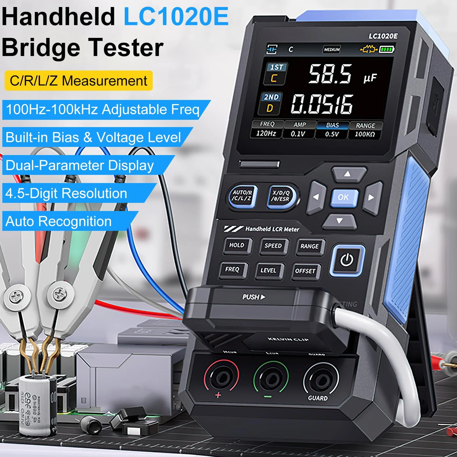 LC1020E Tester Digitale,LCR Meter Tester Digitale Portatile LCR Bridge Tester Condensatori Test di Capacità, Resistenza e Induttanza,Frequenza Regolabile da 100 Hz a 100 KHz, Blocco dati